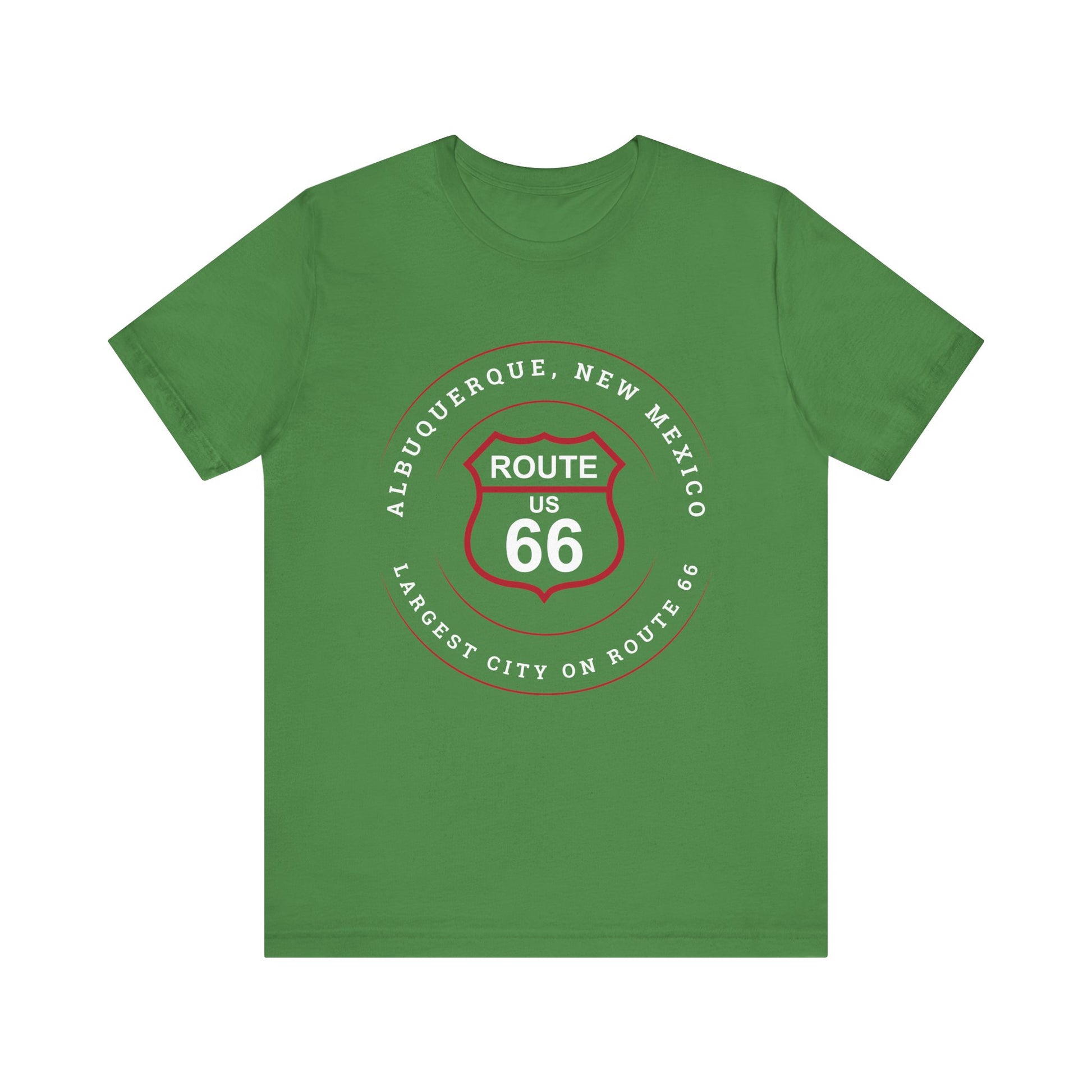 Leaf retro Route 66 unisex jersey tee with Albuquerque, NM: Largest City on Route 66 graphic