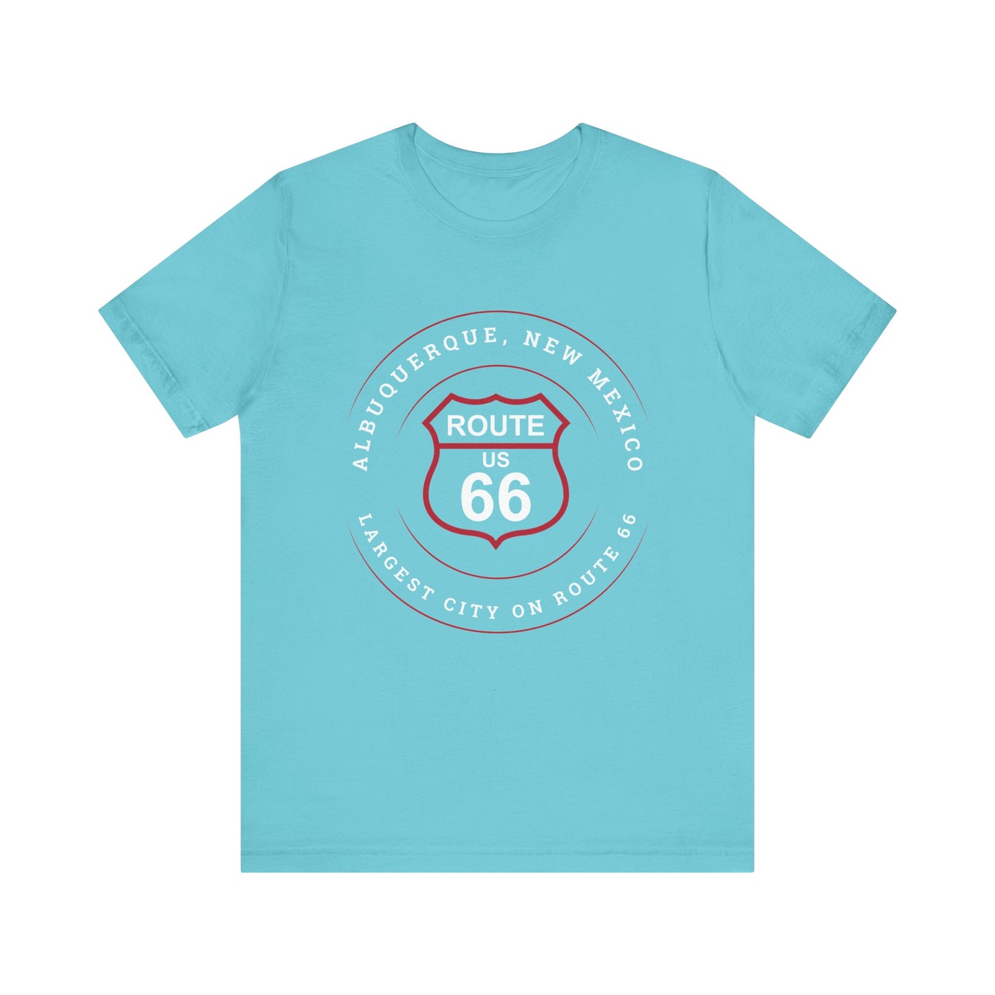 Turquoise retro Route 66 unisex jersey tee with Albuquerque, NM: Largest City on Route 66 graphic