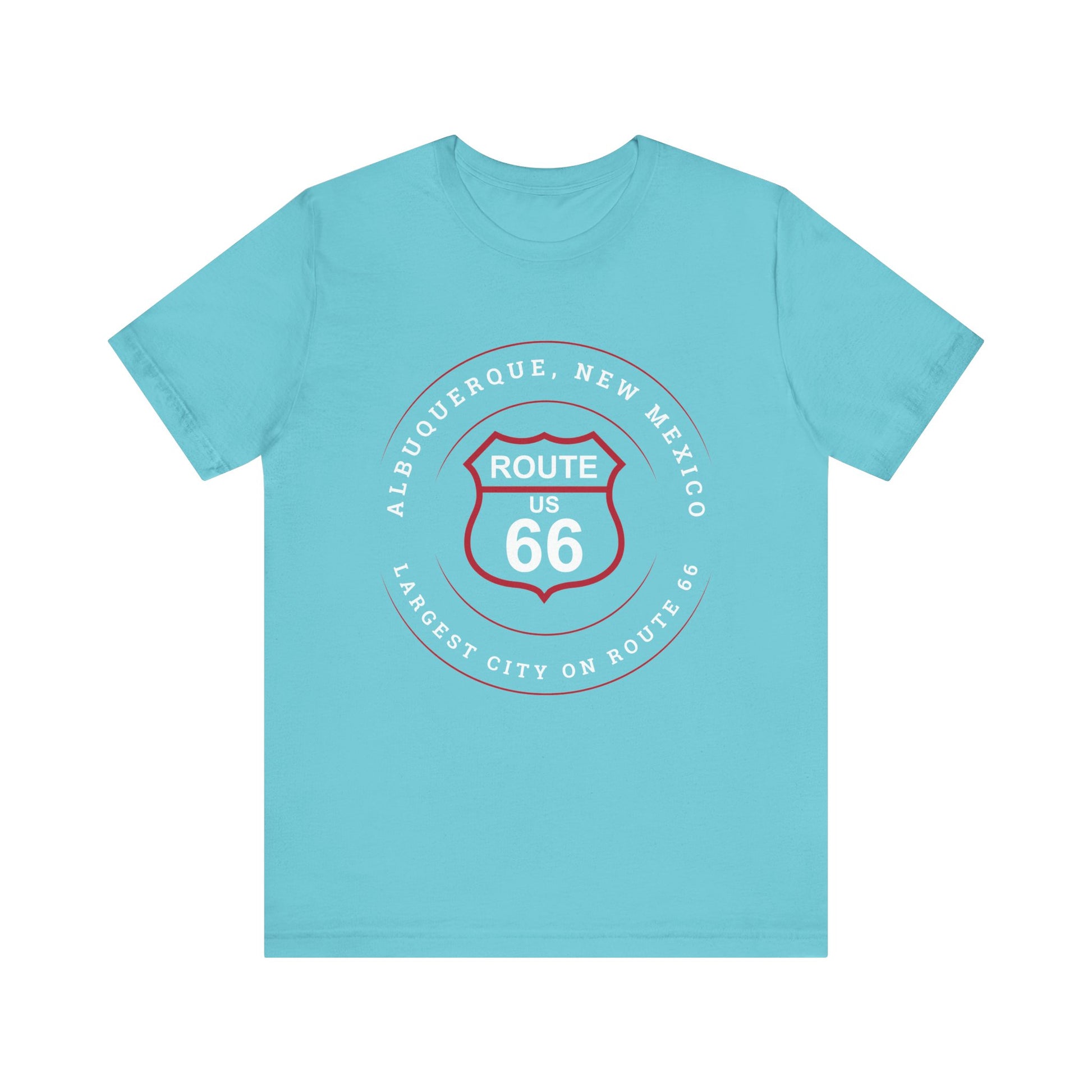 Turquoise retro Route 66 unisex jersey tee with Albuquerque, NM: Largest City on Route 66 graphic