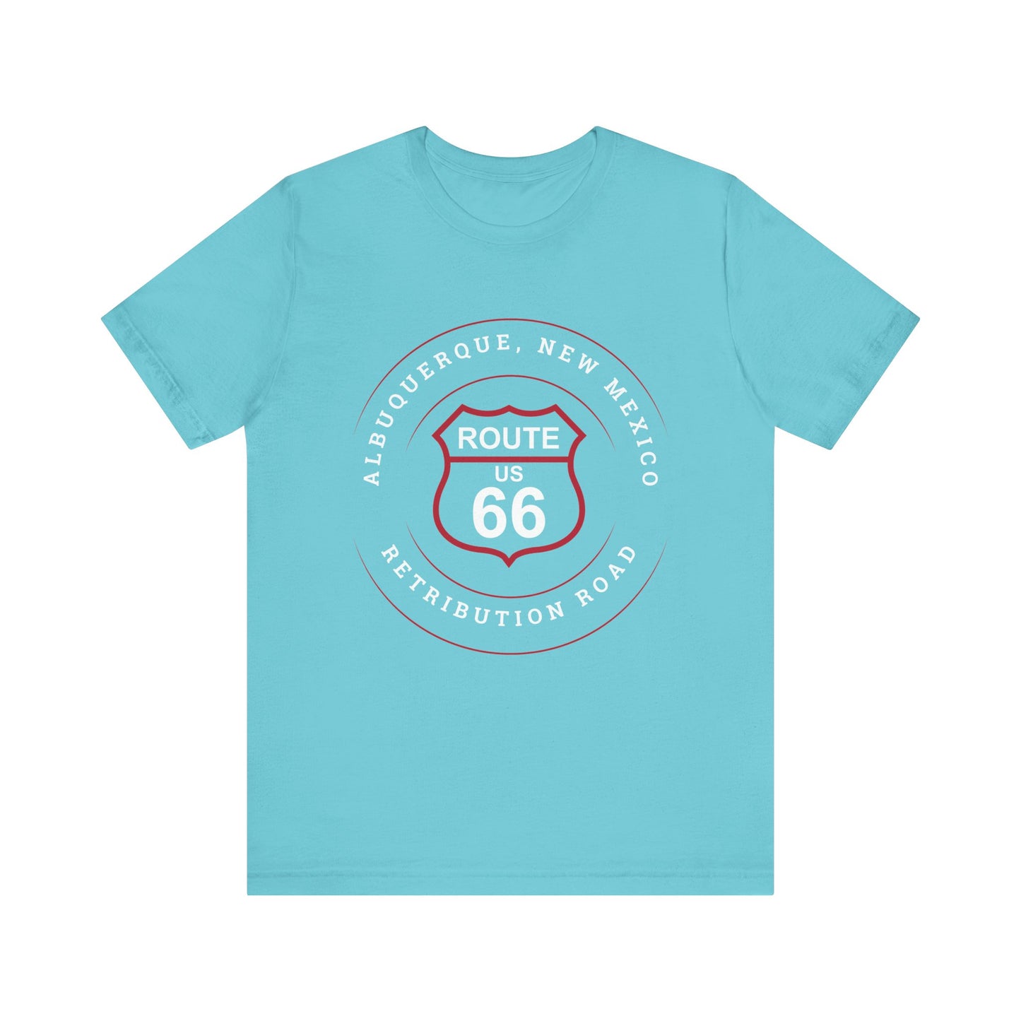 Turquoise retro Route 66 unisex jersey tee with Albuquerque, NM: "Retribution Road" design