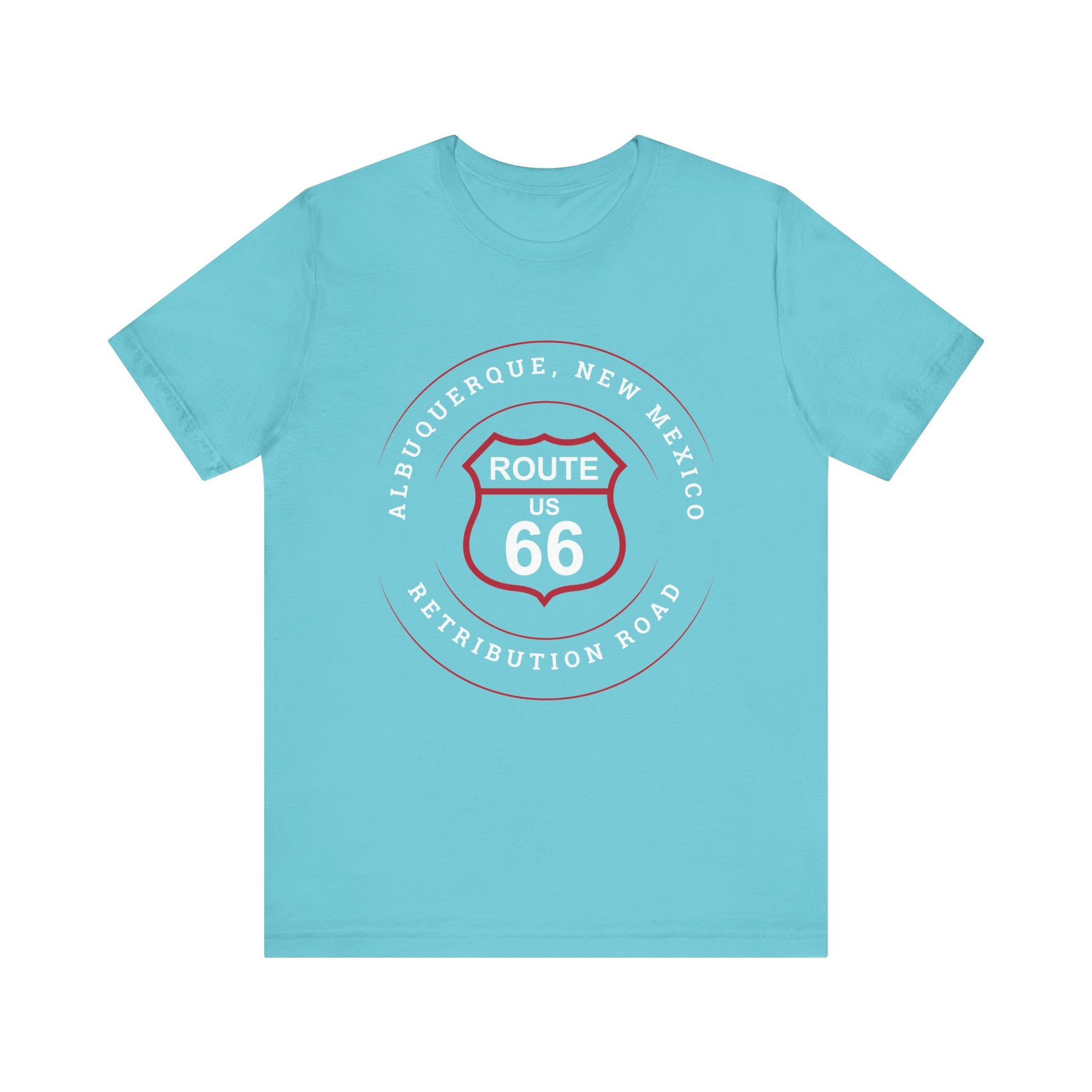 Turquoise retro Route 66 unisex jersey tee with Albuquerque, NM: "Retribution Road" design