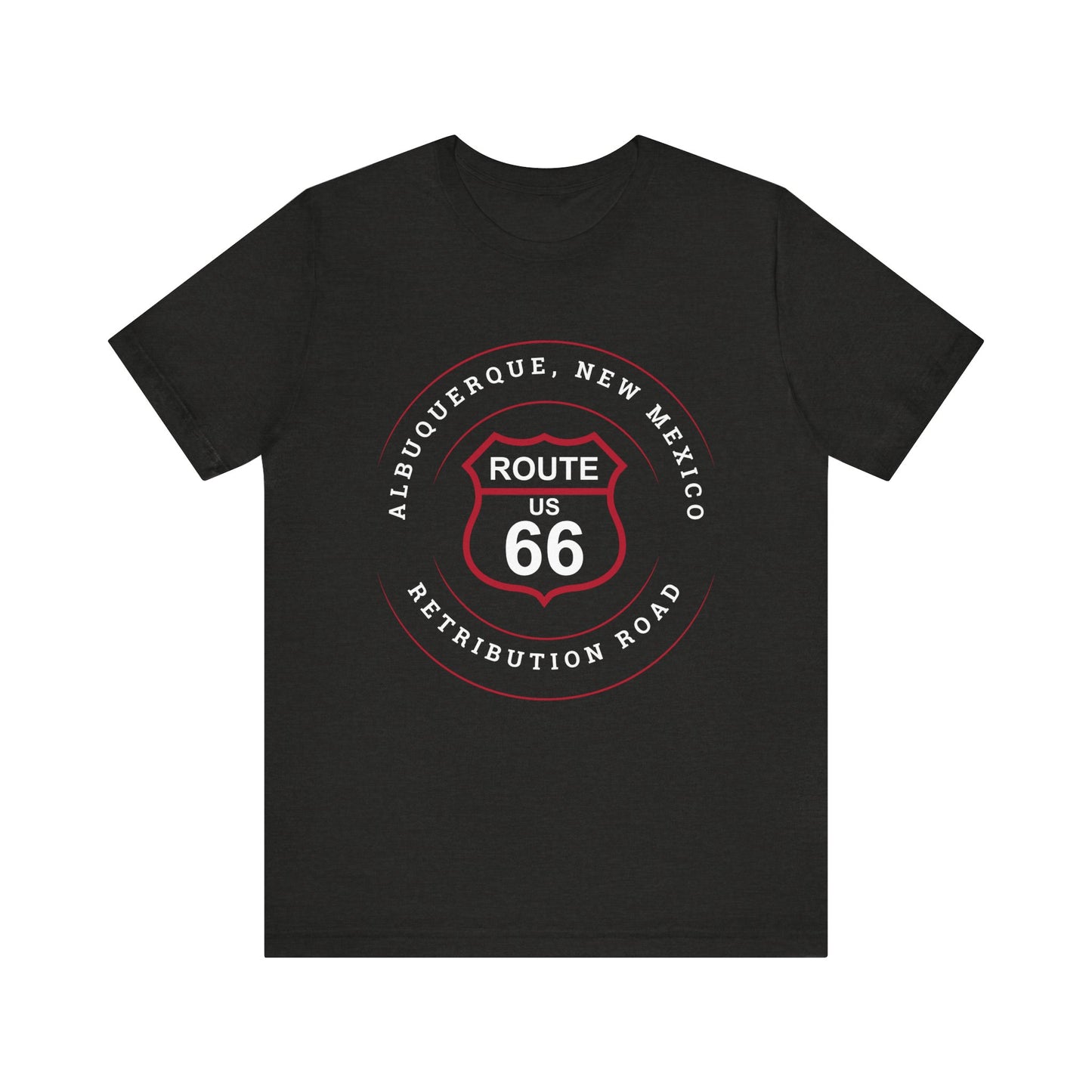 Vintage black retro Route 66 unisex jersey tee with Albuquerque, NM: "Retribution Road" design
