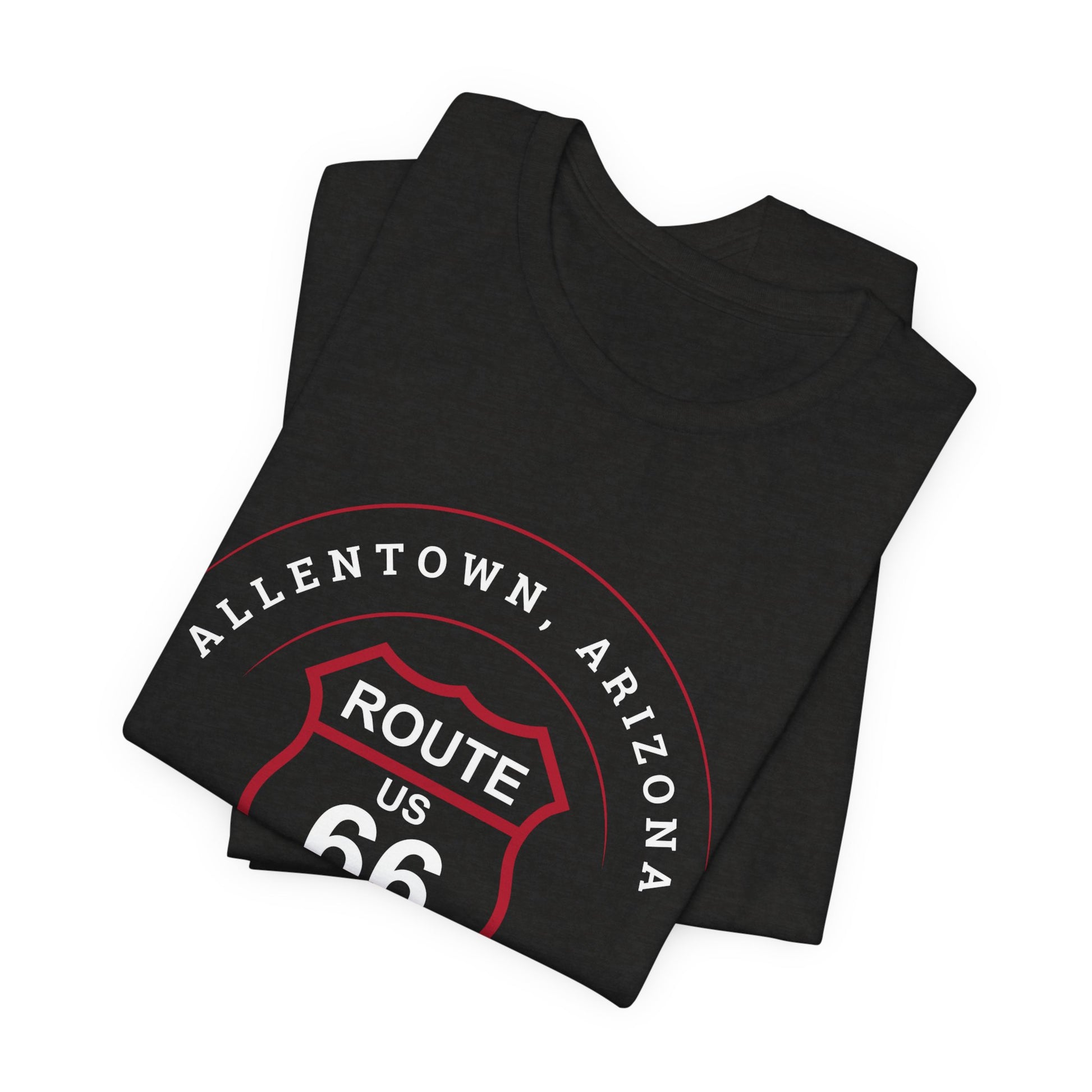 Folded black heather retro Route 66 unisex jersey tee with Allentown, AZ: "Formerly Allantown" design