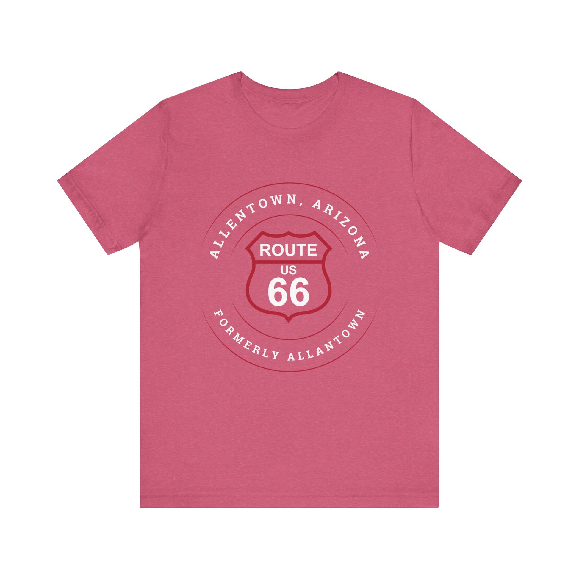Heather raspberry retro Route 66 unisex jersey tee with Allentown, AZ: "Formerly Allantown" design