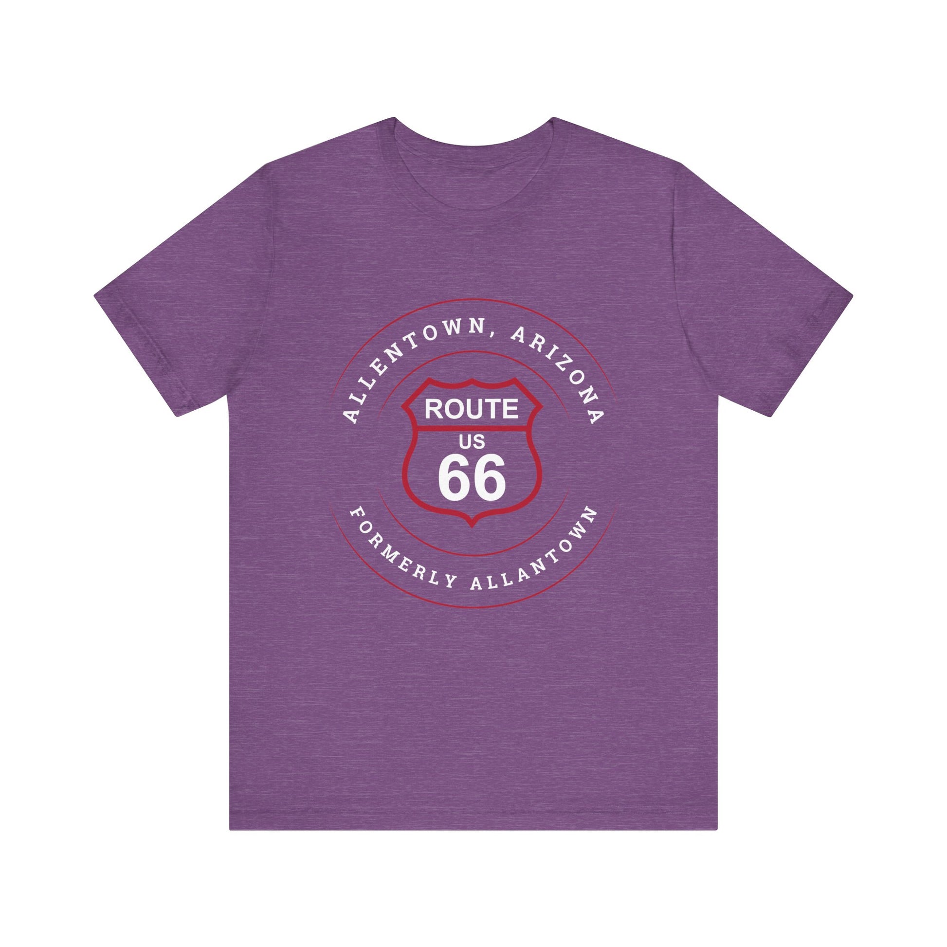 Heather team purple retro Route 66 unisex jersey tee with Allentown, AZ: "Formerly Allantown" design