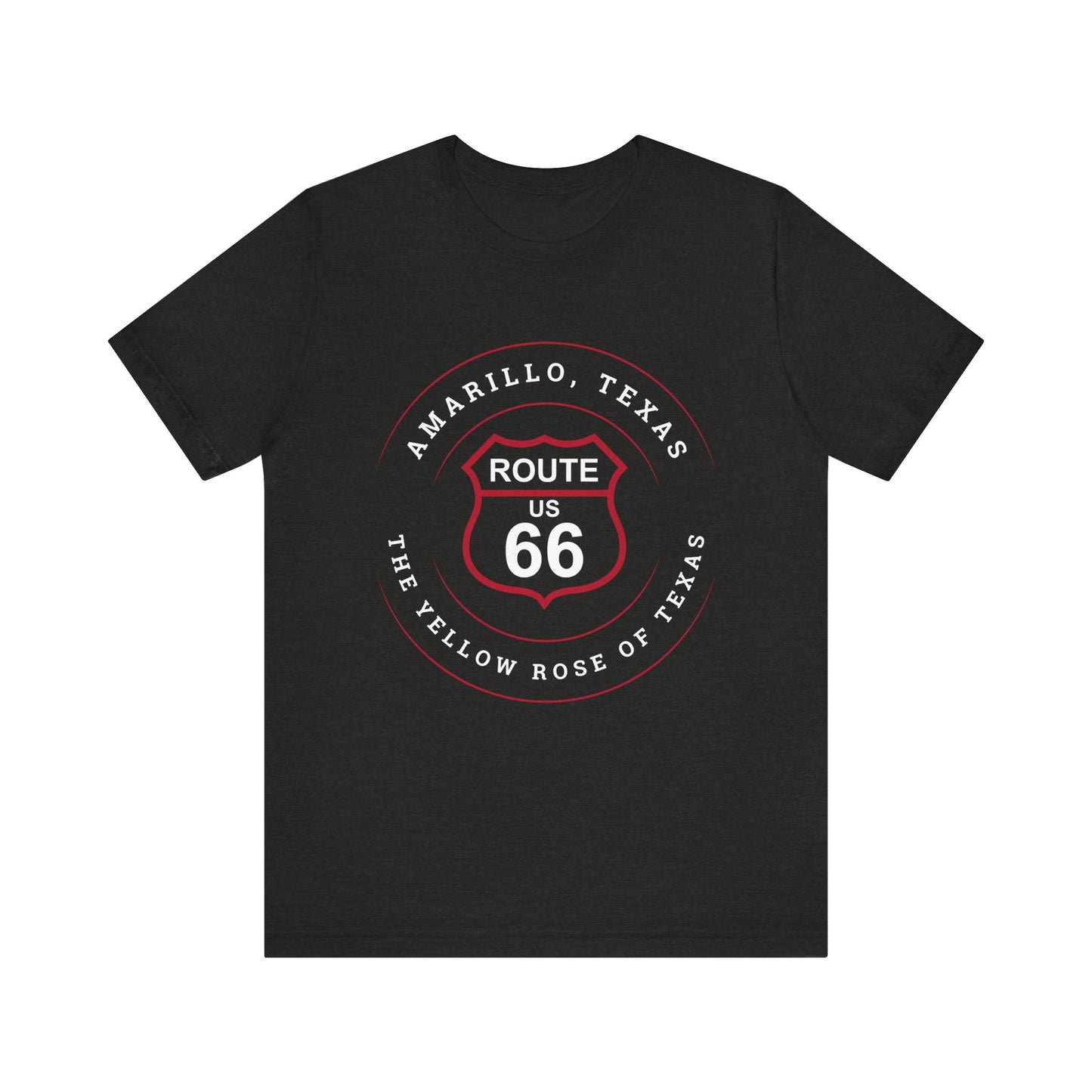 Black heather retro Route 66 unisex jersey tee with Amarillo, TX: "Yellow Rose of Texas" design