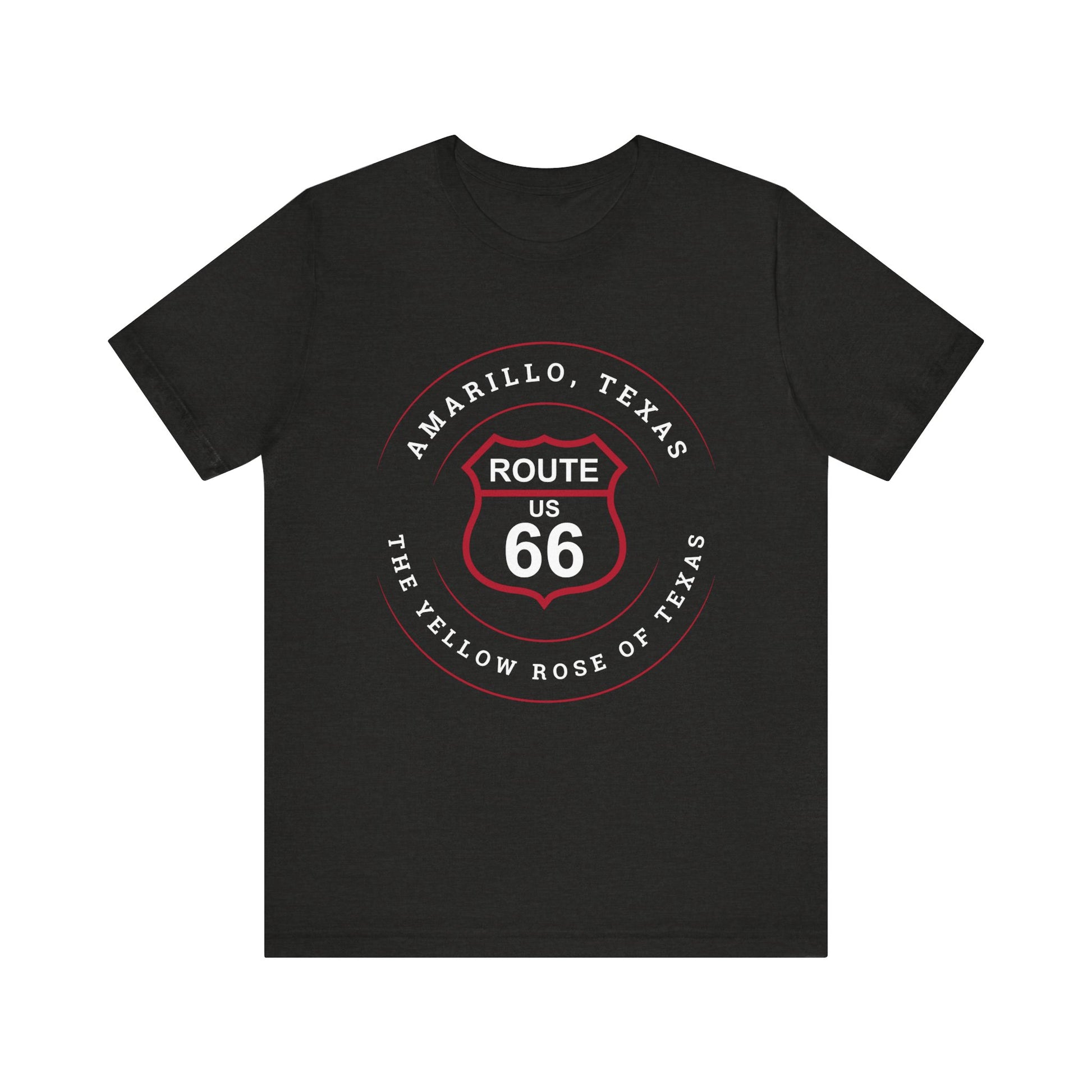 Black heather retro Route 66 unisex jersey tee with Amarillo, TX: "Yellow Rose of Texas" design