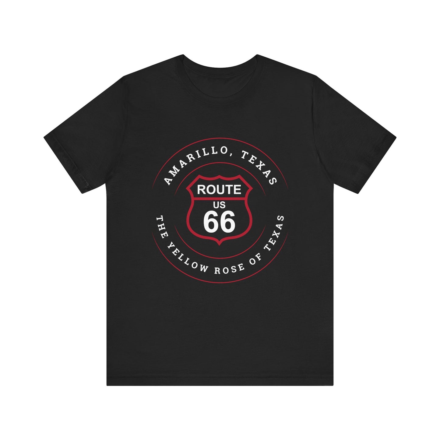 Black retro Route 66 unisex jersey tee with Amarillo, TX: "Yellow Rose of Texas" design