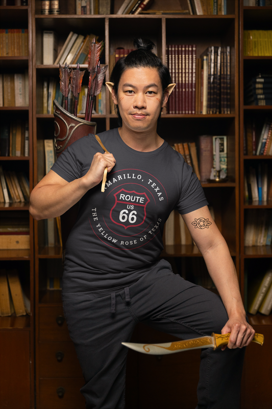 Male model with vulcan ears wearing black retro Route 66 unisex jersey tee with Amarillo, TX: "Yellow Rose of Texas" design