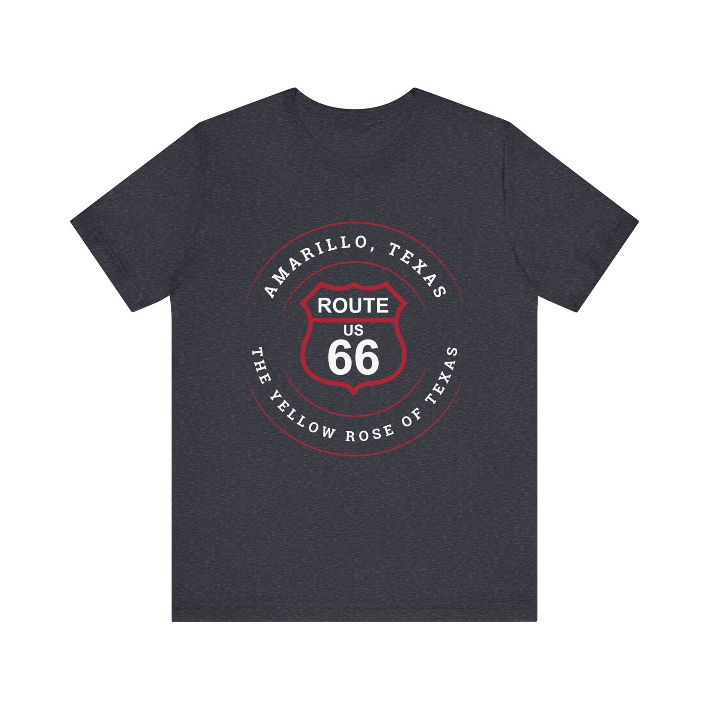 Heather navy retro Route 66 unisex jersey tee with Amarillo, TX: "Yellow Rose of Texas" design