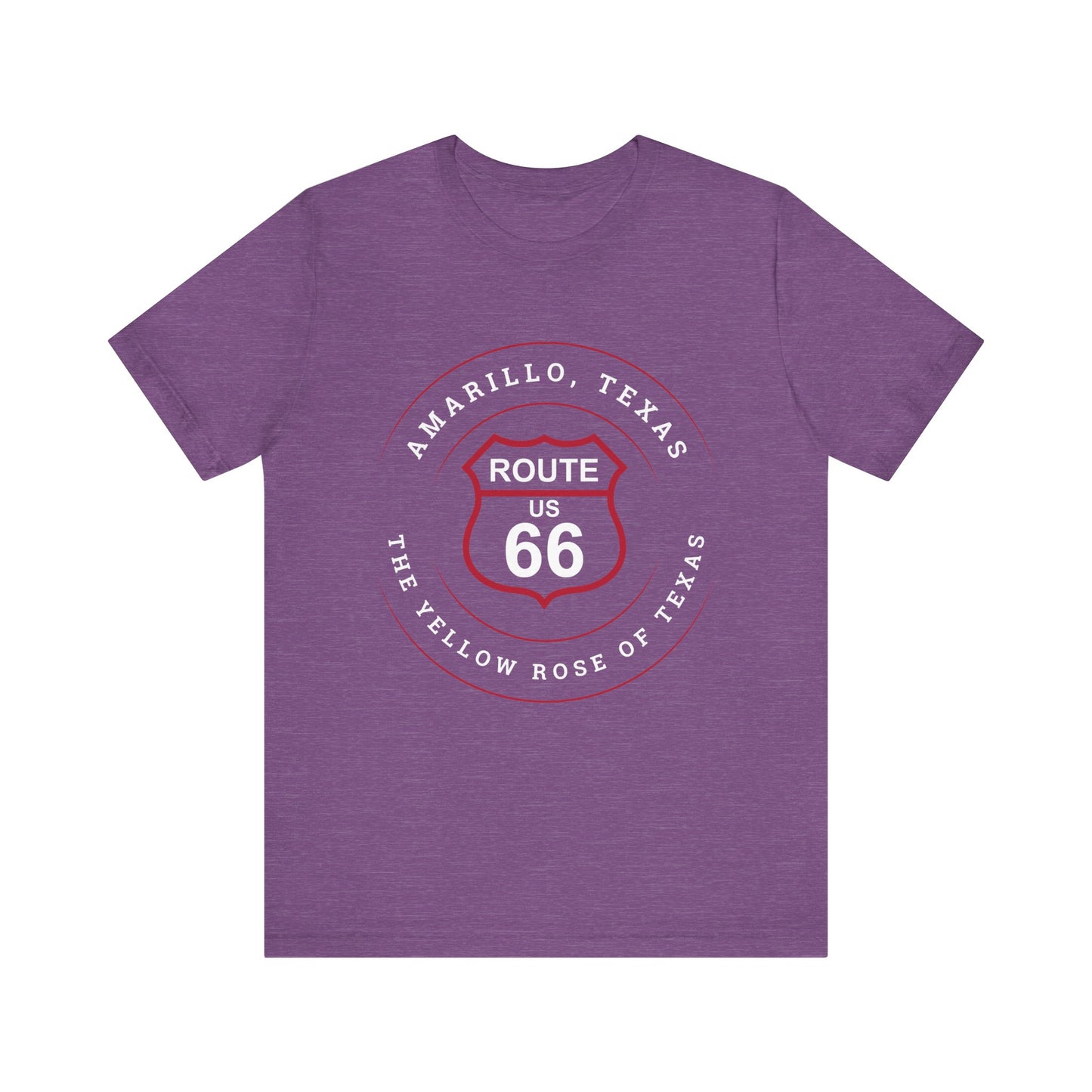 Heather team purple retro Route 66 unisex jersey tee with Amarillo, TX: "Yellow Rose of Texas" design