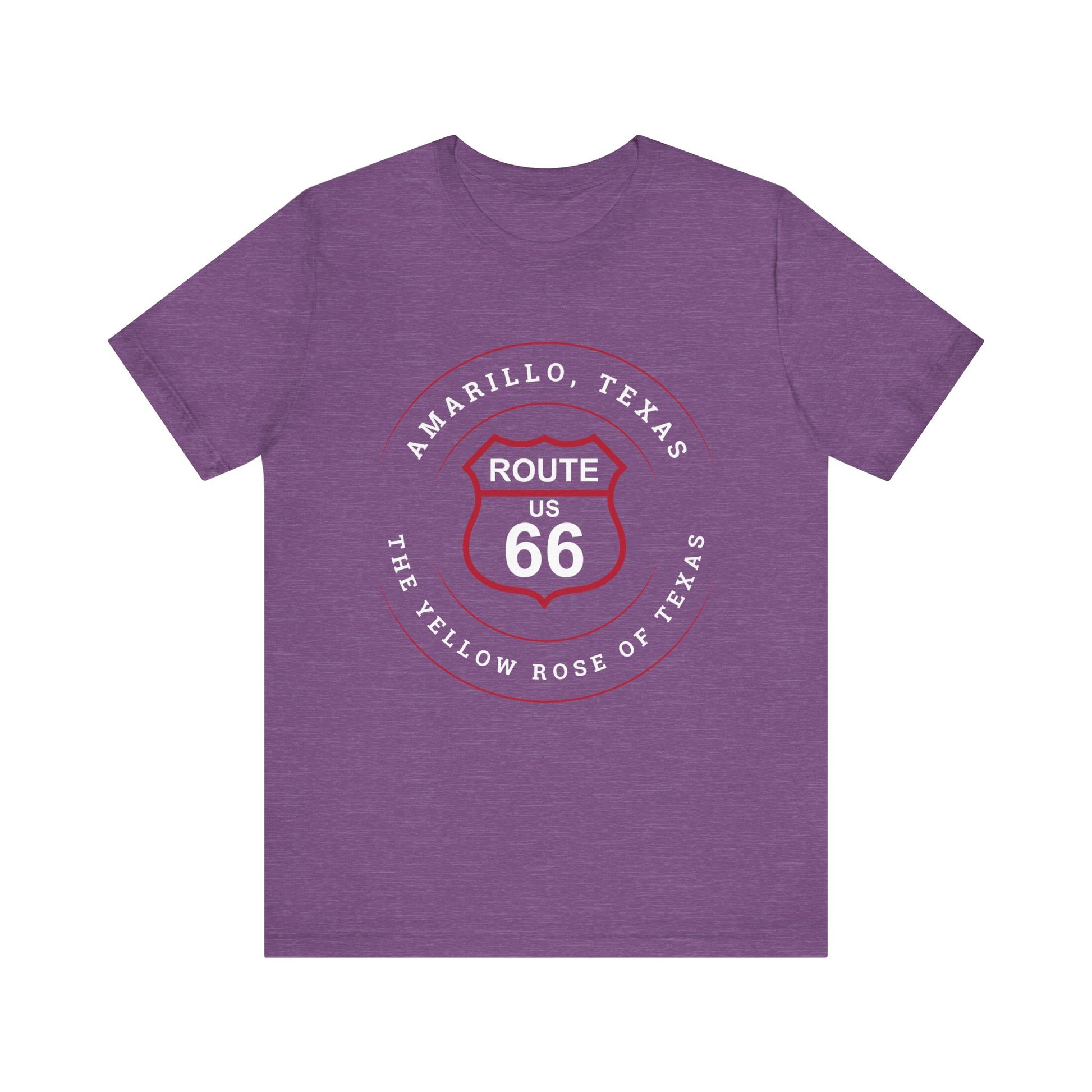 Heather team purple retro Route 66 unisex jersey tee with Amarillo, TX: "Yellow Rose of Texas" design