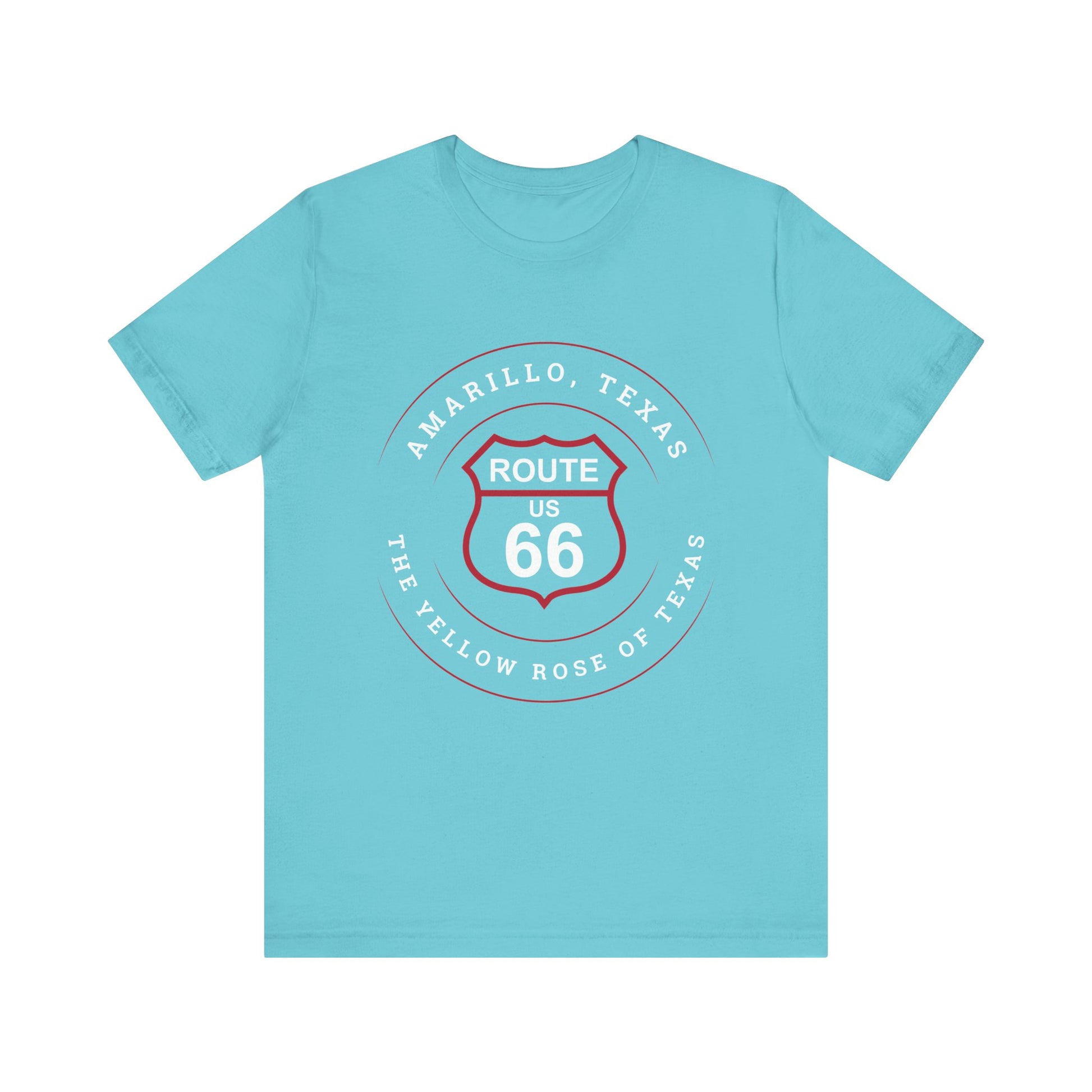 Turquoise retro Route 66 unisex jersey tee with Amarillo, TX: "Yellow Rose of Texas" design