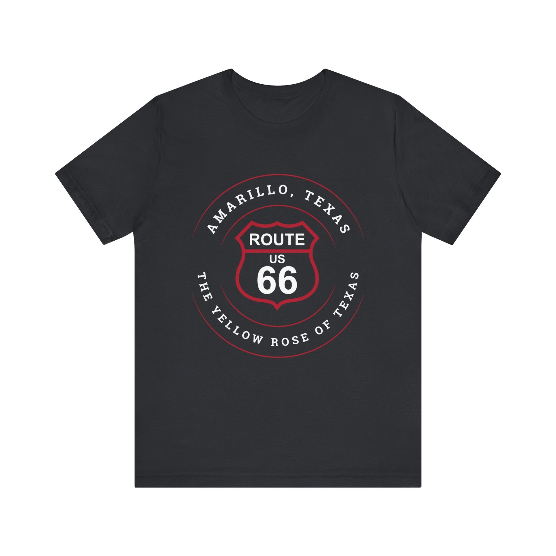 Vintage black retro Route 66 unisex jersey tee with Amarillo, TX: "Yellow Rose of Texas" design
