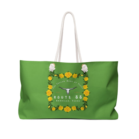 Light green Route 66 Amarillo weekender bag with Yellow Rose of Texas floral design and longhorn graphic.
