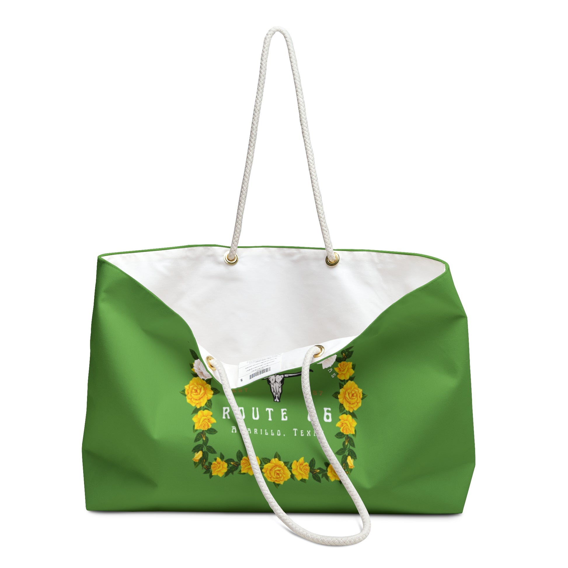 Route 66 Yellow Rose of Texas weekender tote bag with white rope handles and spacious interior.