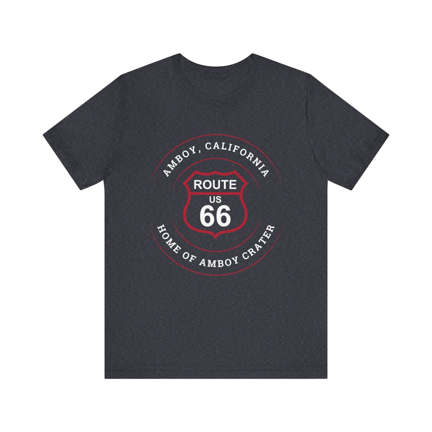 Heather navy retro Route 66 unisex jersey tee with Amboy, CA: "Home of Amboy Crater" design