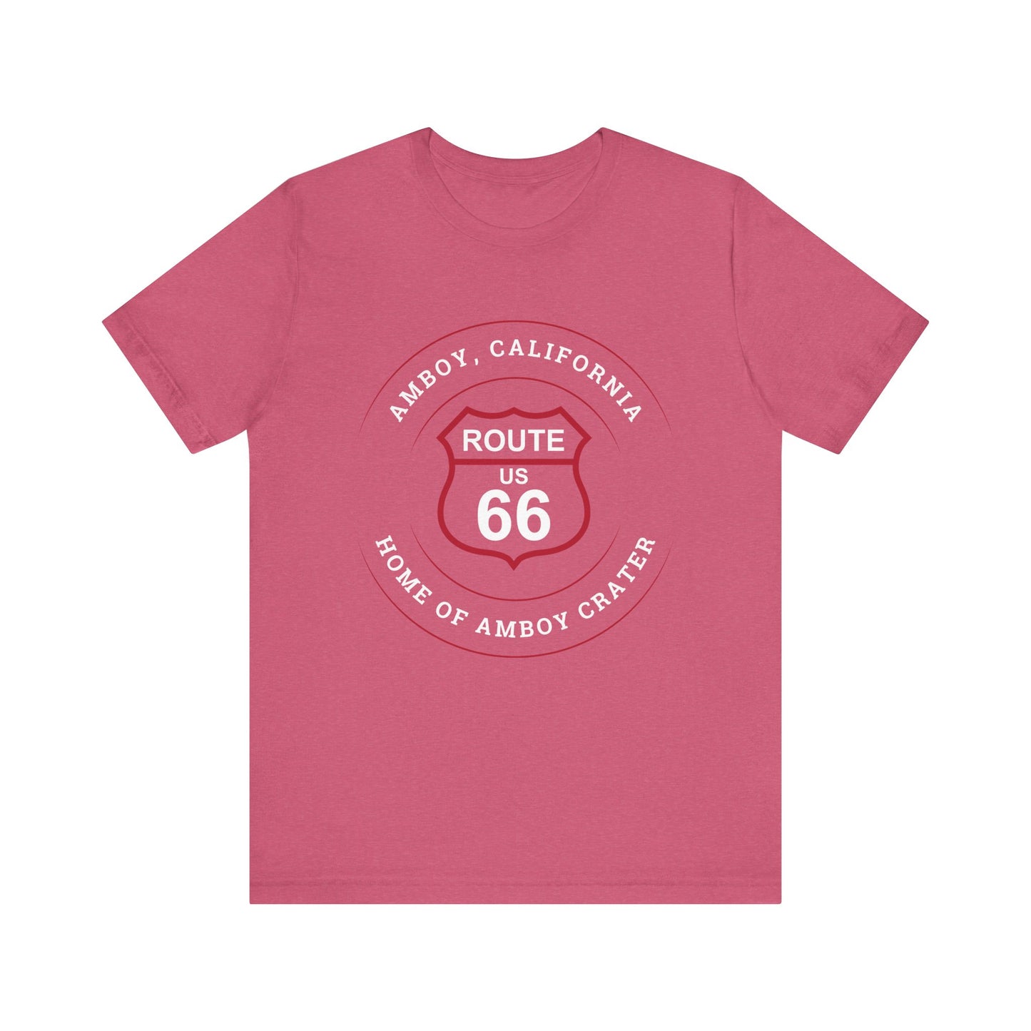 Heather raspberry retro Route 66 unisex jersey tee with Amboy, CA: "Home of Amboy Crater" design