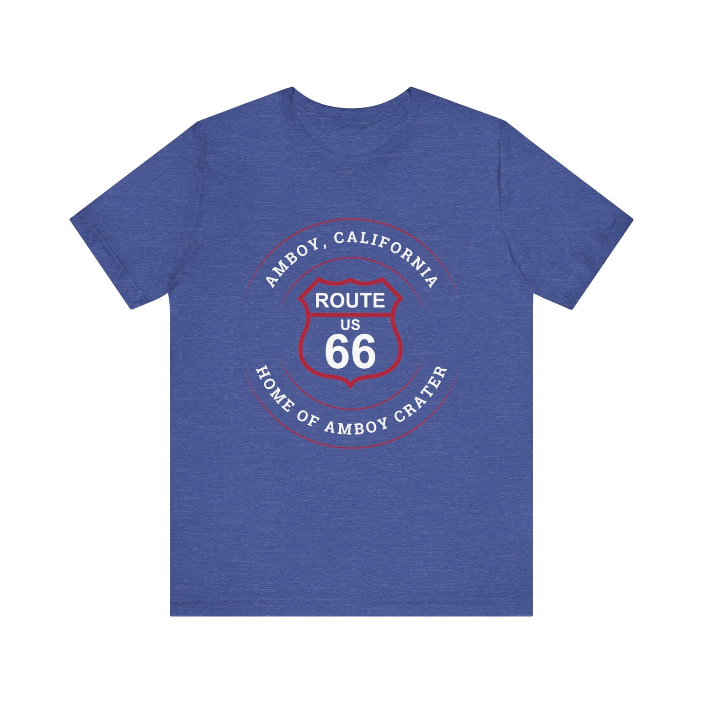 Heather true royal retro Route 66 unisex jersey tee with Amboy, CA: "Home of Amboy Crater" design