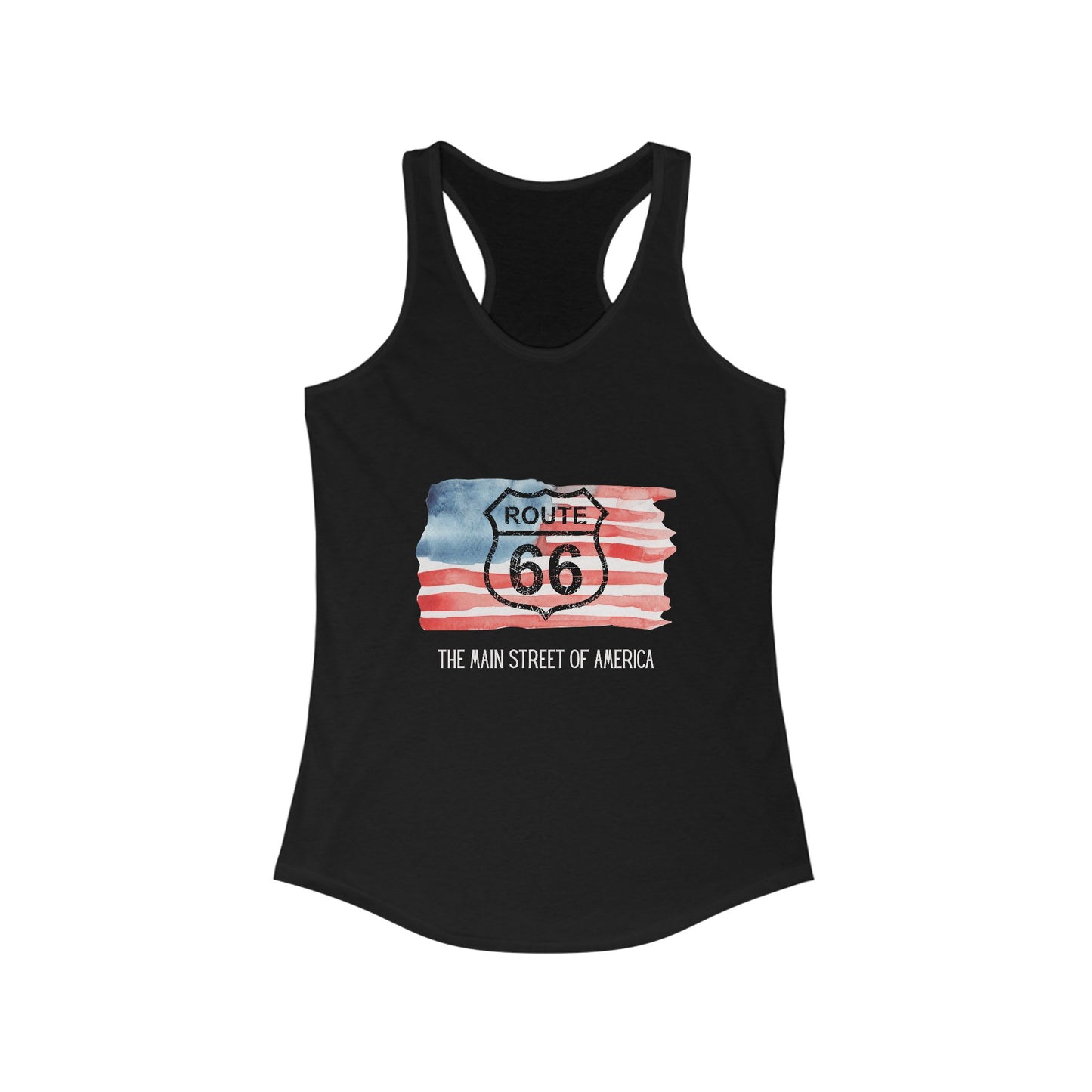 Solid black Route 66 women's racerback tank with distressed shield and a watercolor American flag design, perfect for patriotic summer road trips or going out dancing