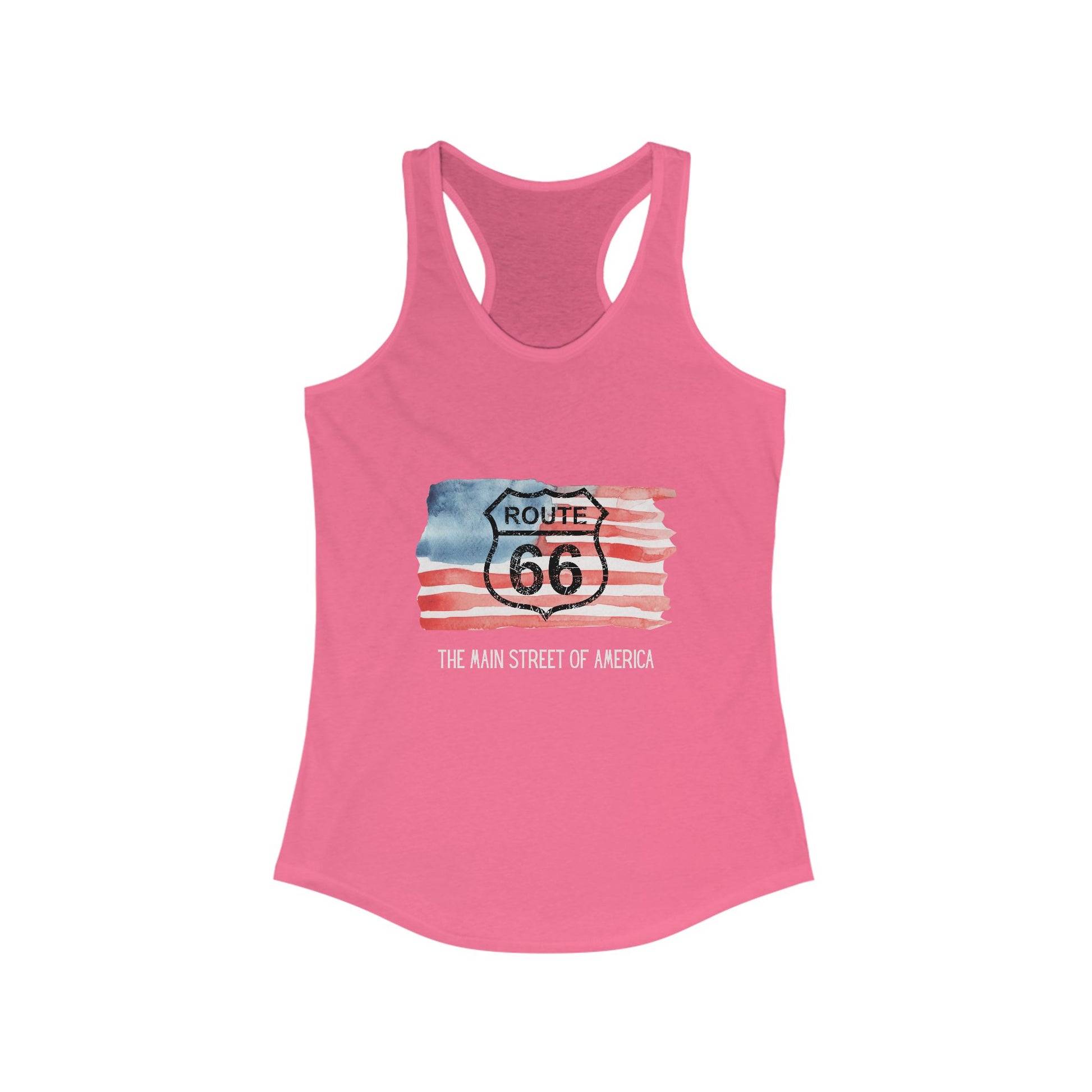 Solid hot pink Route 66 women's racerback tank with distressed shield and a watercolor American flag design, perfect for patriotic summer road trips or going out dancing