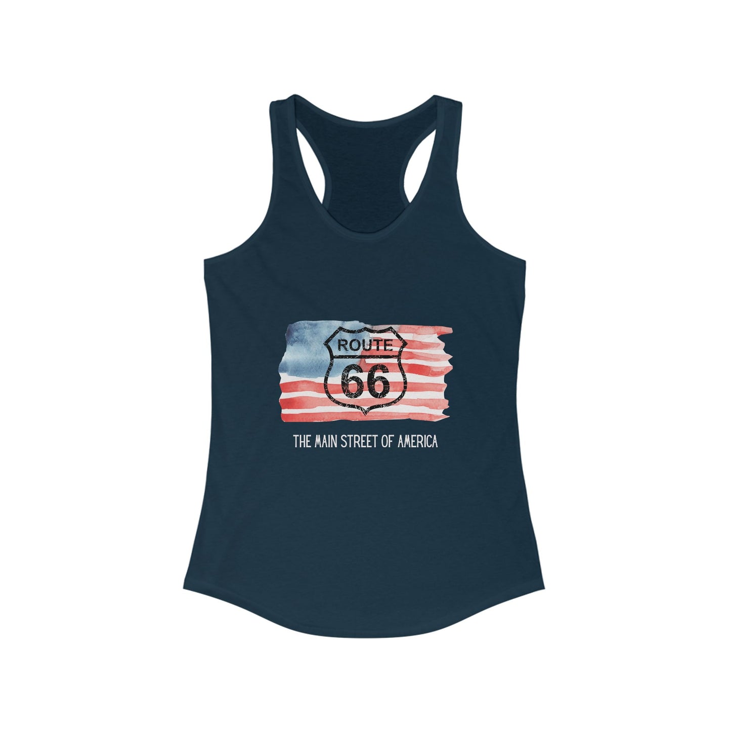 Solid midnight navy Route 66 women's racerback tank with distressed shield and a watercolor American flag design, perfect for patriotic summer road trips or going out dancing
