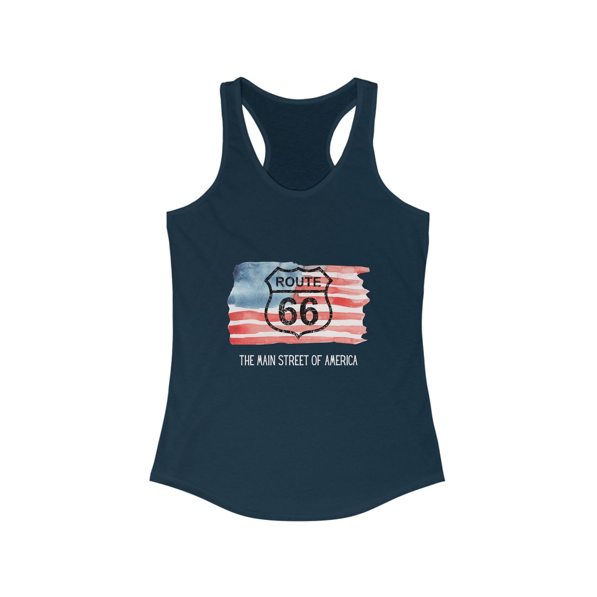Solid midnight navy Route 66 women's racerback tank with distressed shield and a watercolor American flag design, perfect for patriotic summer road trips or going out dancing