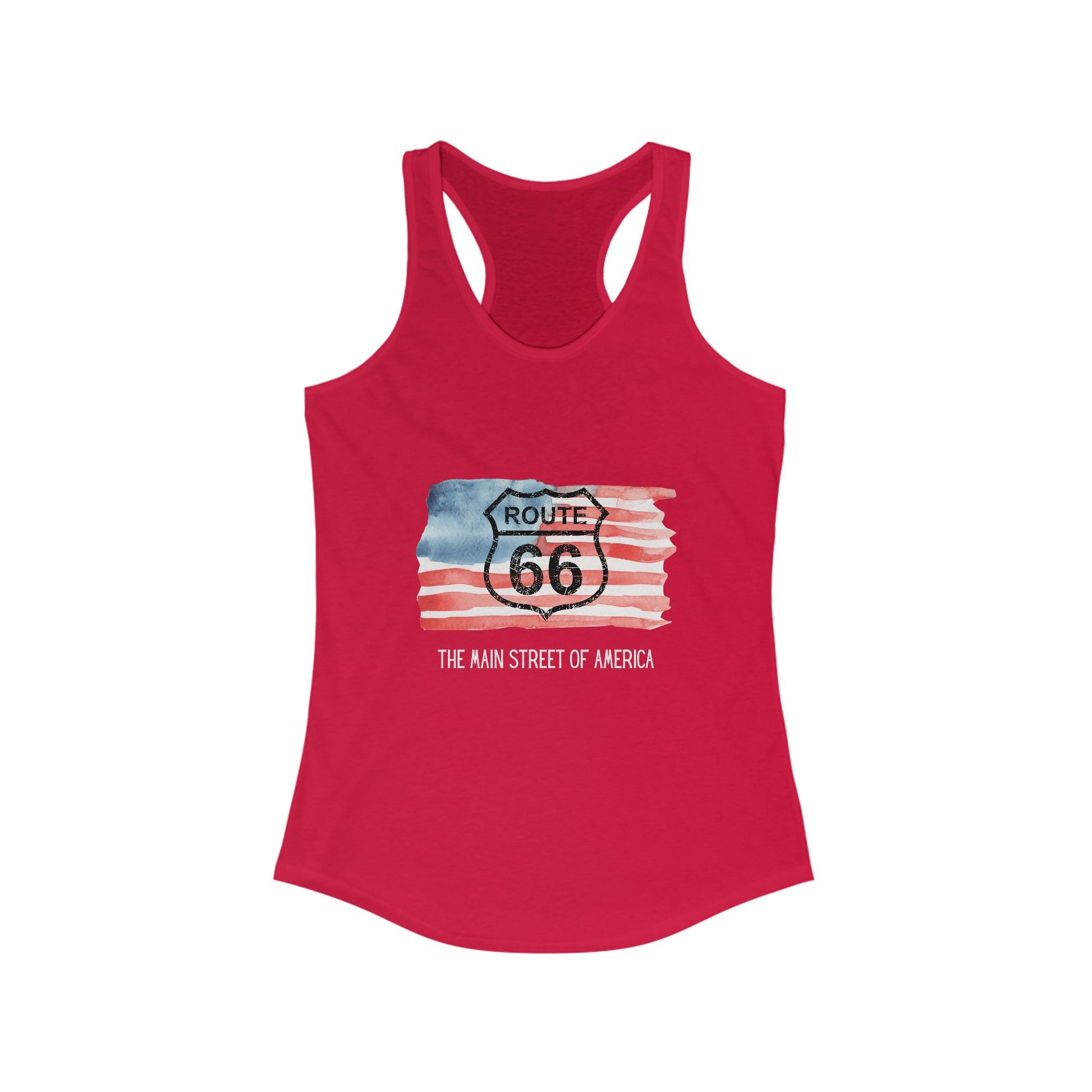 Solid red Route 66 women's racerback tank with distressed shield and a watercolor American flag design, perfect for patriotic summer road trips or going out dancing