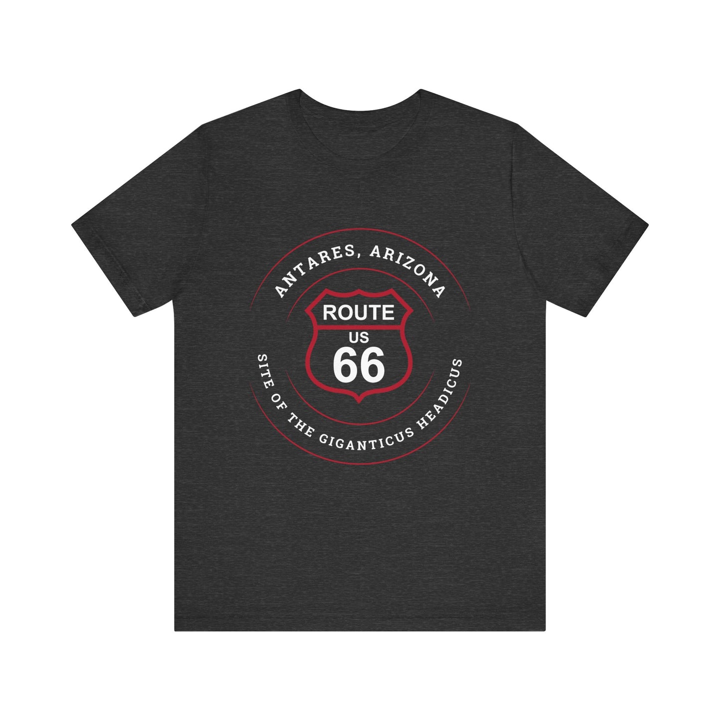 Dark grey heather retro Route 66 unisex jersey tee with Antares, AZ: "Site of the Giganticus Headicus" design
