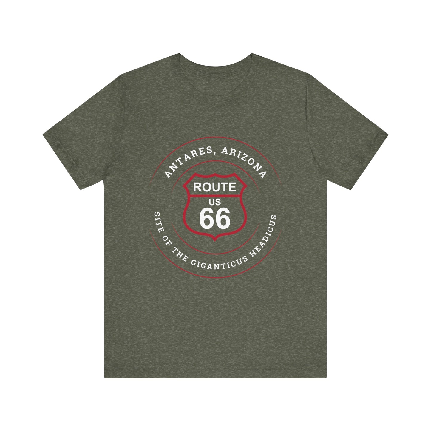 Heather military green retro Route 66 unisex jersey tee with Antares, AZ: "Site of the Giganticus Headicus" design