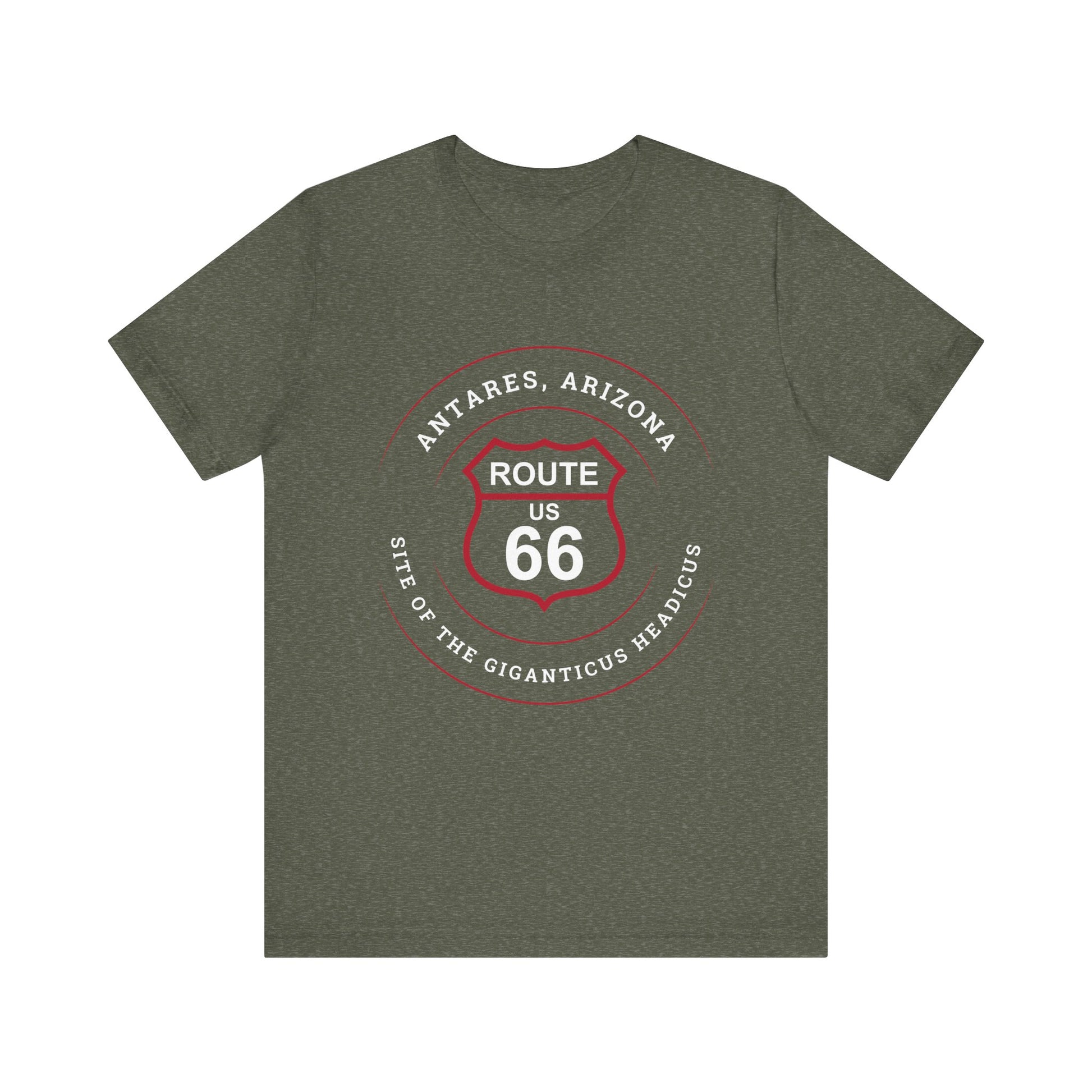 Heather military green retro Route 66 unisex jersey tee with Antares, AZ: "Site of the Giganticus Headicus" design