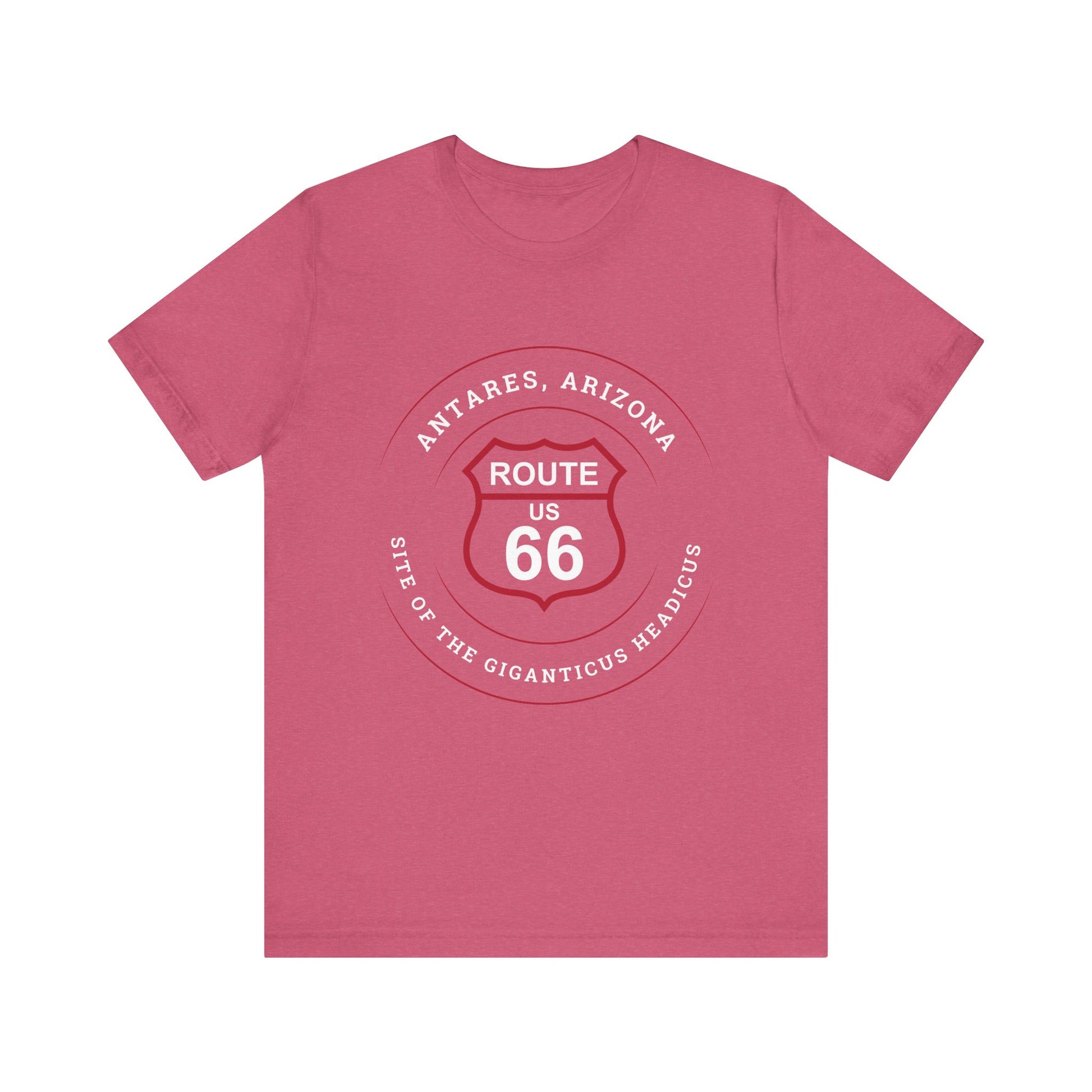 Heather raspberry retro Route 66 unisex jersey tee with Antares, AZ: "Site of the Giganticus Headicus" design