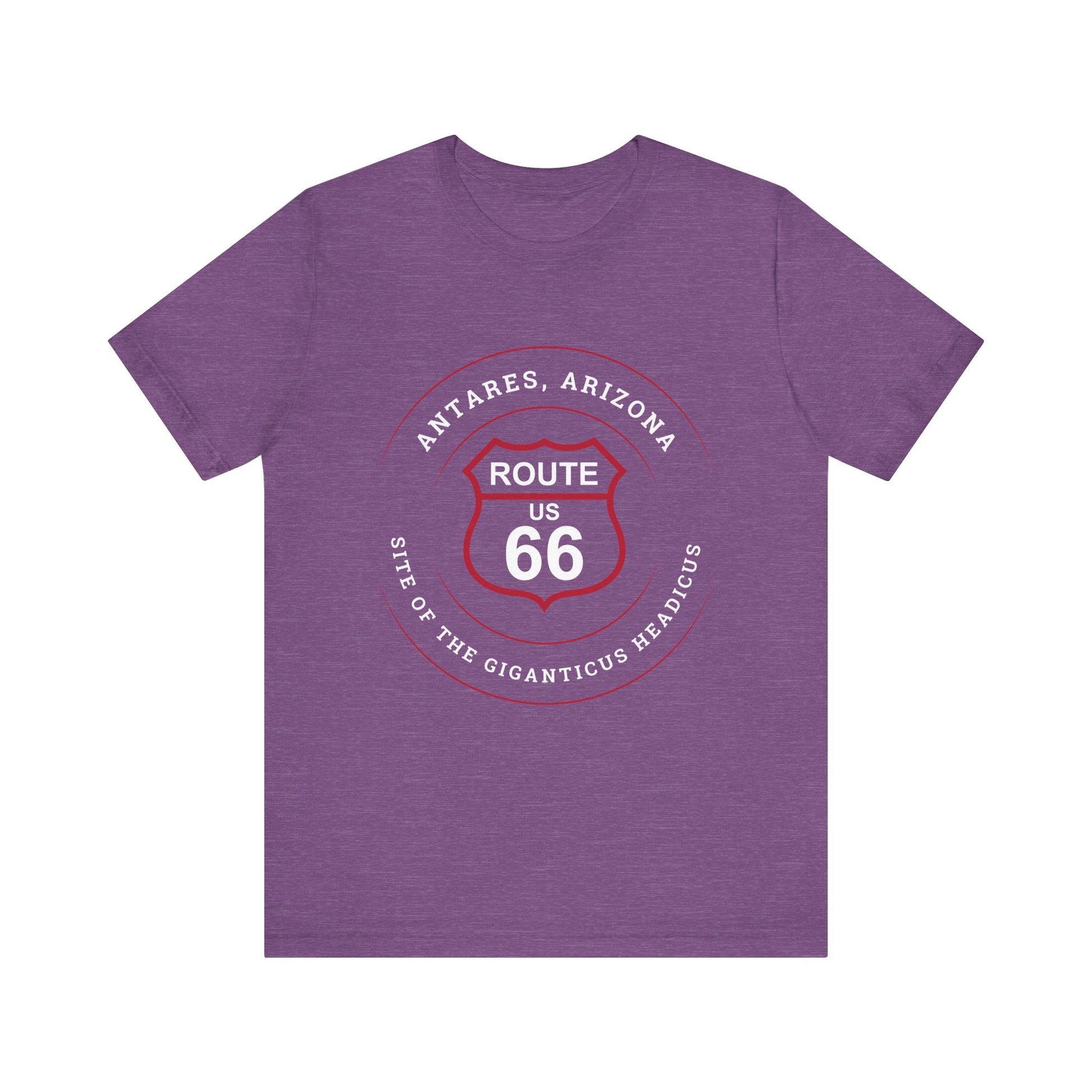 Heather team purple retro Route 66 unisex jersey tee with Antares, AZ: "Site of the Giganticus Headicus" design
