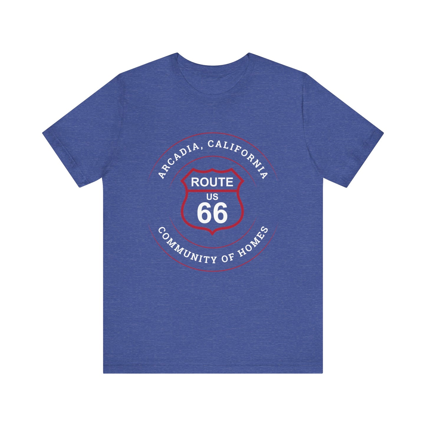 Heather true royal retro Route 66 unisex jersey tee with Arcadia, CA: "Community of Homes" design