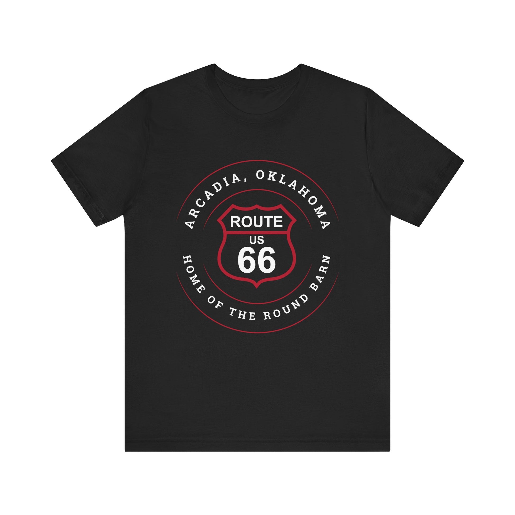 Black retro Route 66 unisex jersey tee with Arcadia, OK "Home of the Round Barn" design