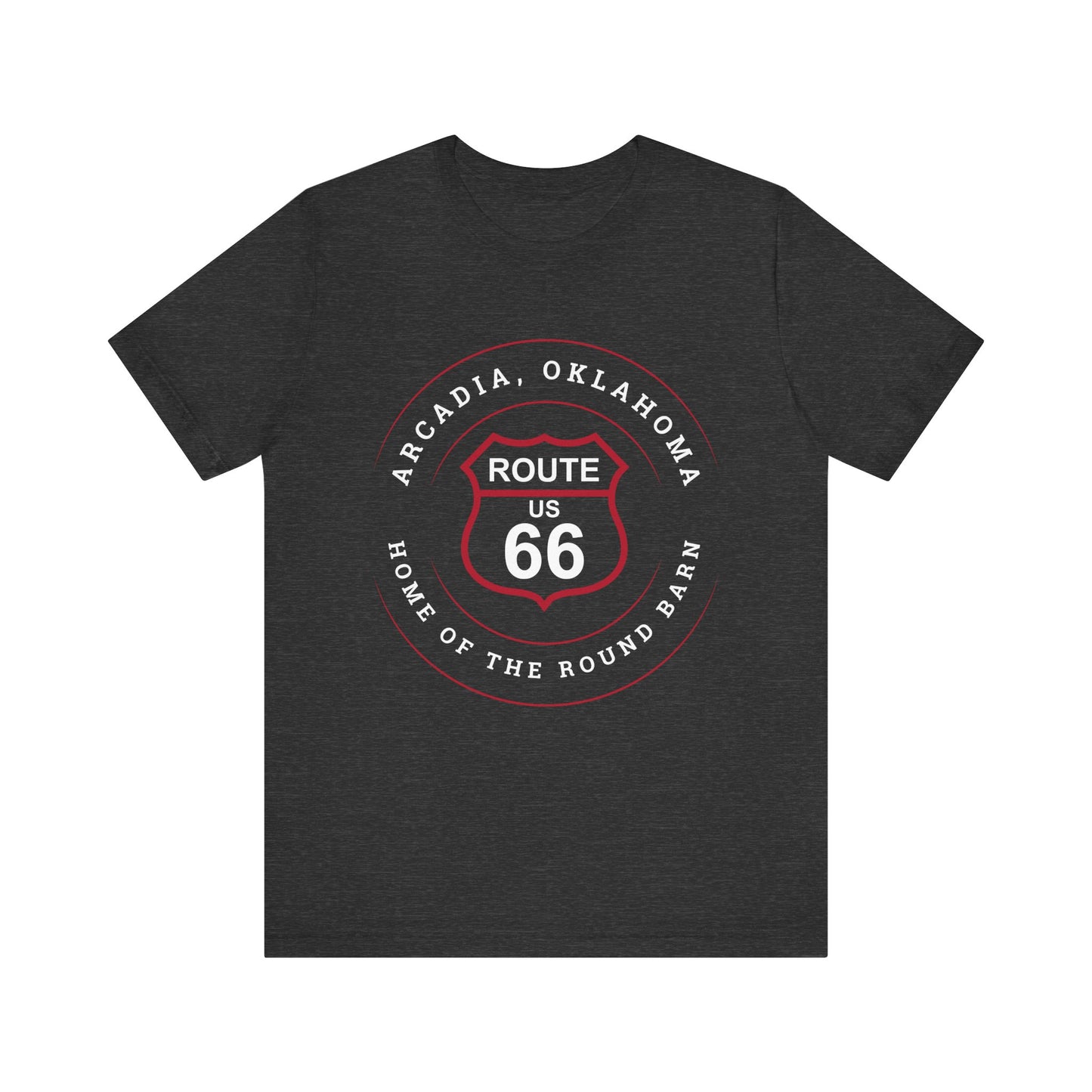 Dark grey heather retro Route 66 unisex jersey tee with Arcadia, OK "Home of the Round Barn" design