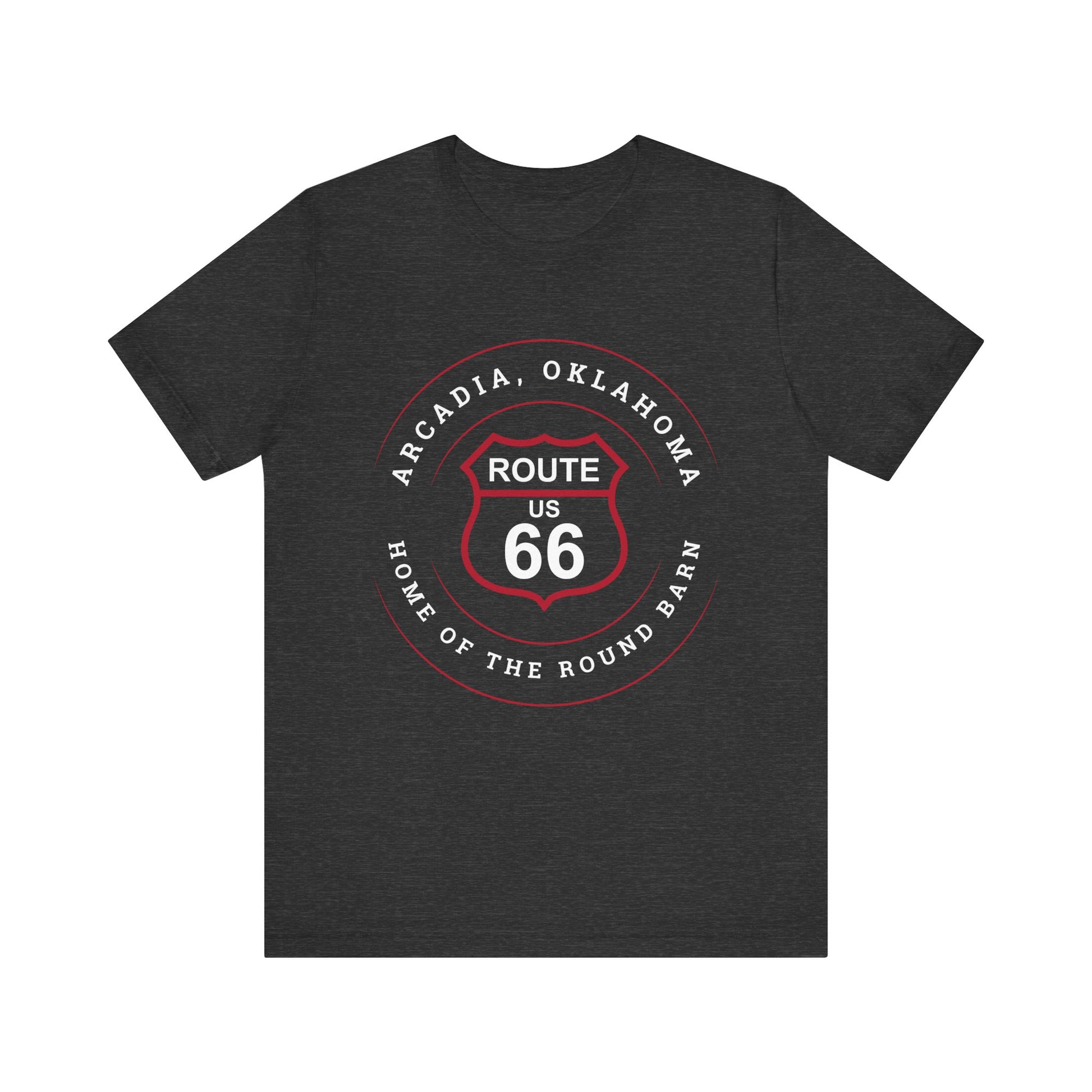 Dark grey heather retro Route 66 unisex jersey tee with Arcadia, OK "Home of the Round Barn" design