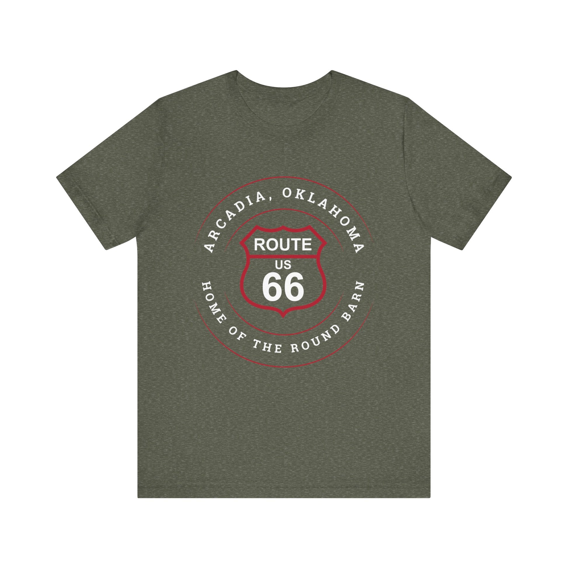 Heather military green retro Route 66 unisex jersey tee with Arcadia, OK "Home of the Round Barn" design
