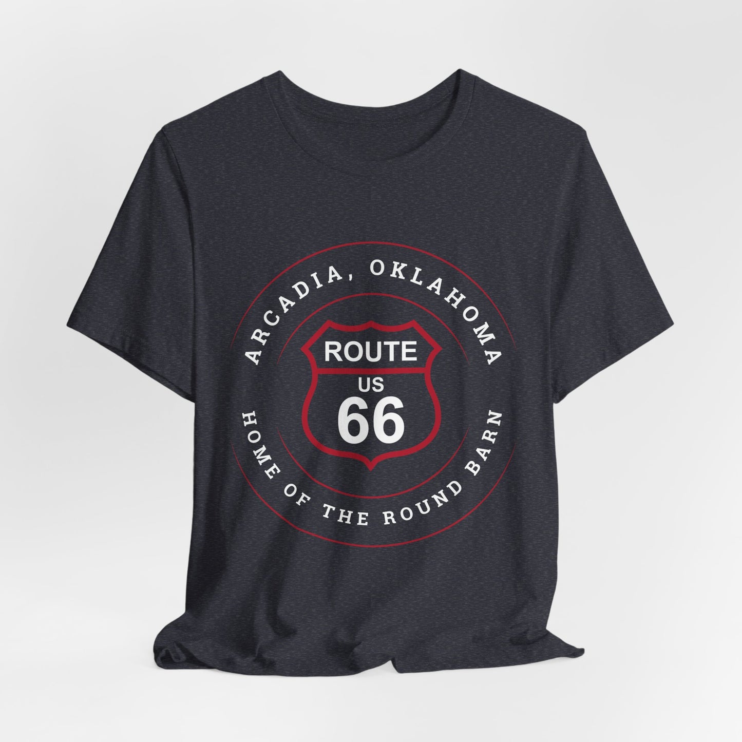 Heather navy retro Route 66 unisex jersey tee with Arcadia, OK "Home of the Round Barn" design