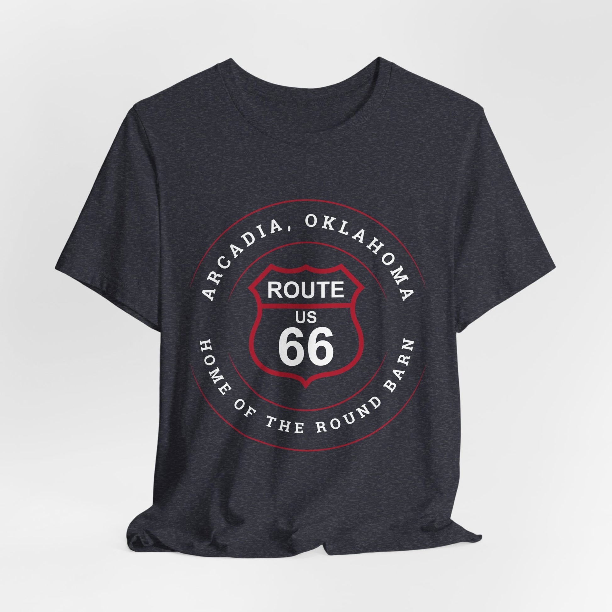 Heather navy retro Route 66 unisex jersey tee with Arcadia, OK "Home of the Round Barn" design