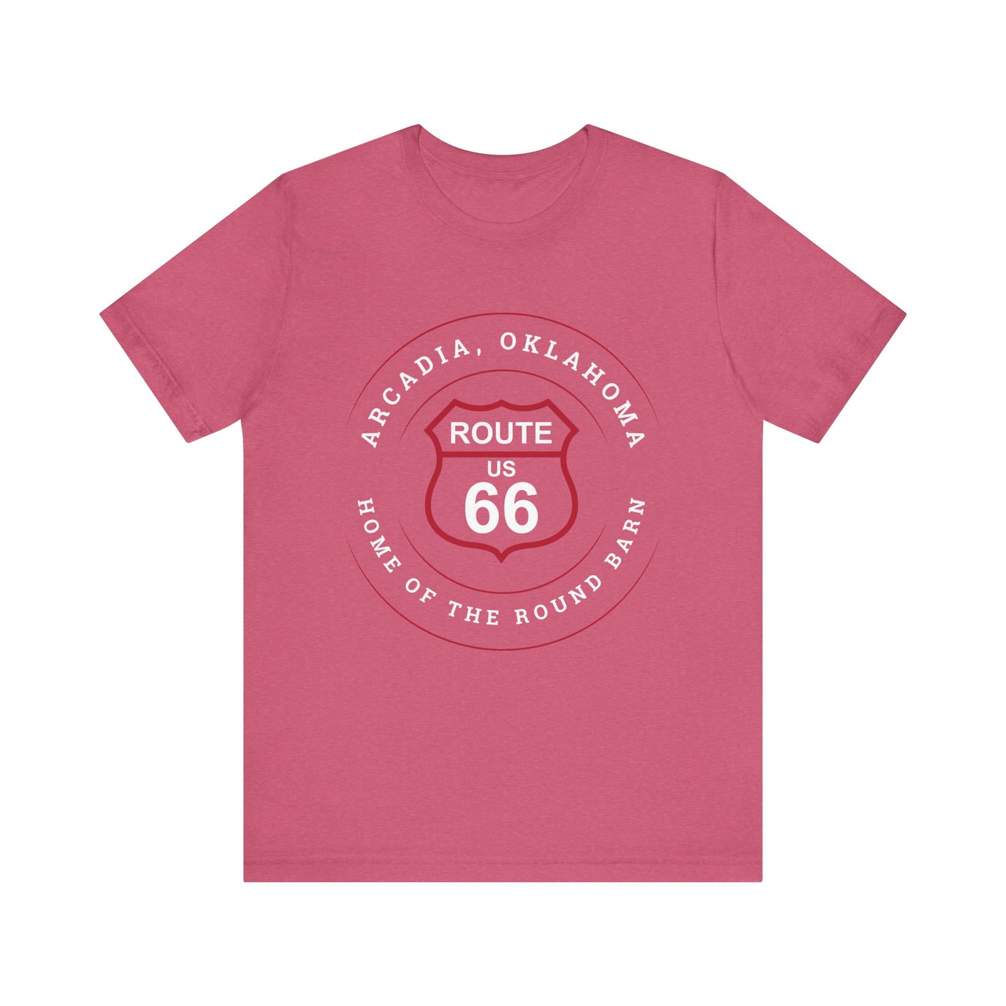 Heather raspberry retro Route 66 unisex jersey tee with Arcadia, OK "Home of the Round Barn" design
