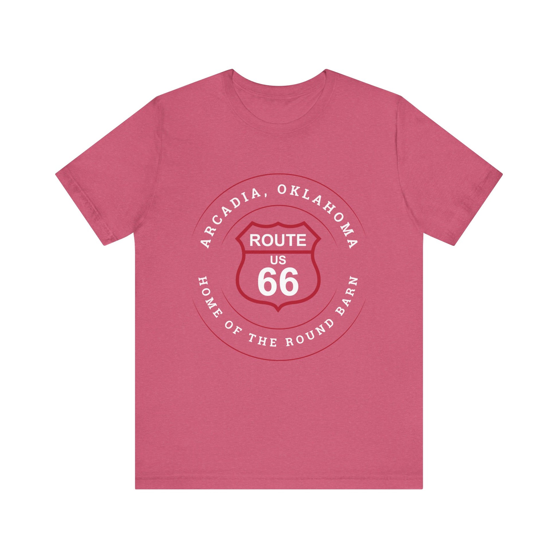 Heather raspberry retro Route 66 unisex jersey tee with Arcadia, OK "Home of the Round Barn" design