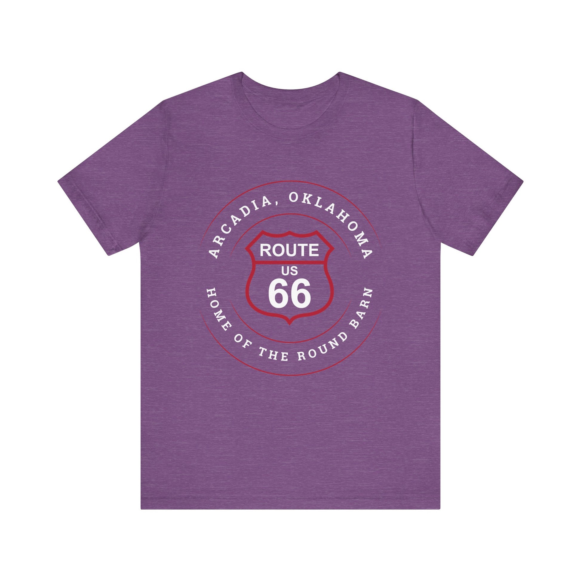 Heather team purple retro Route 66 unisex jersey tee with Arcadia, OK "Home of the Round Barn" design