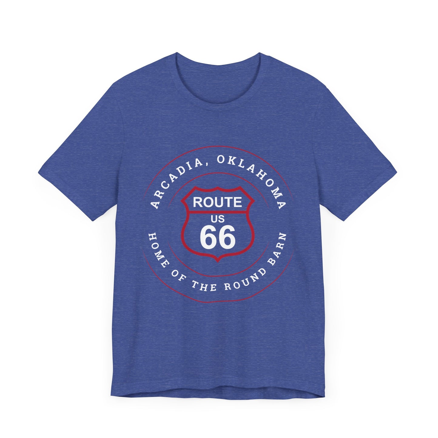 Heather true royal retro Route 66 unisex jersey tee with Arcadia, OK "Home of the Round Barn" design