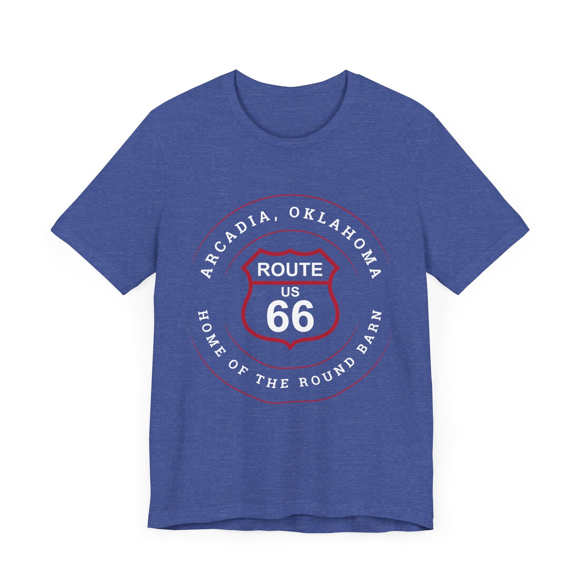Heather true royal retro Route 66 unisex jersey tee with Arcadia, OK "Home of the Round Barn" design