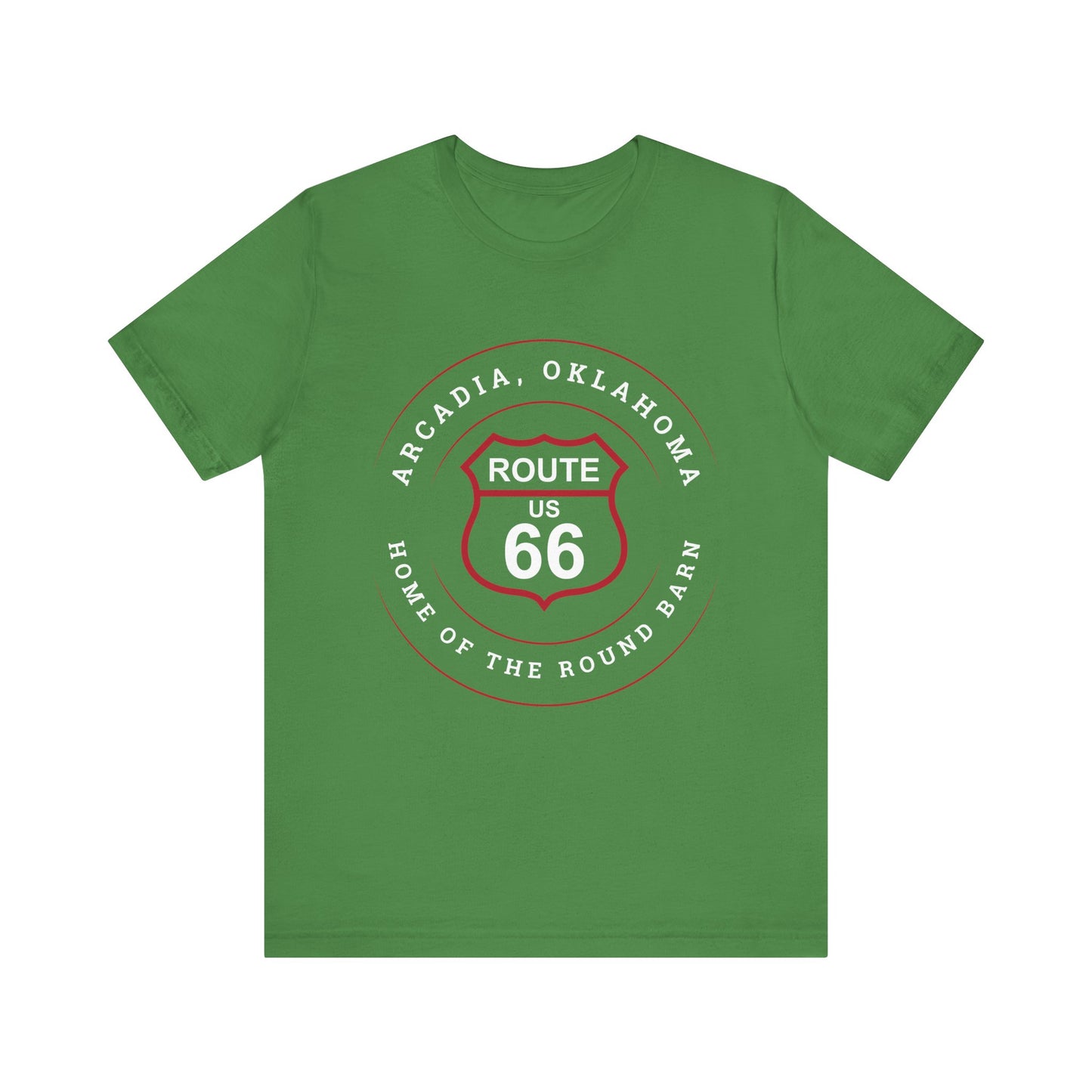 Leaf retro Route 66 unisex jersey tee with Arcadia, OK "Home of the Round Barn" design