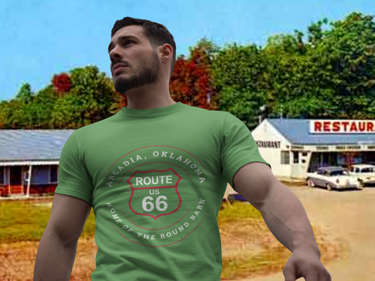 Male model in Oklahoma and wearing leaf retro Route 66 unisex jersey tee with Arcadia, OK "Home of the Round Barn" design