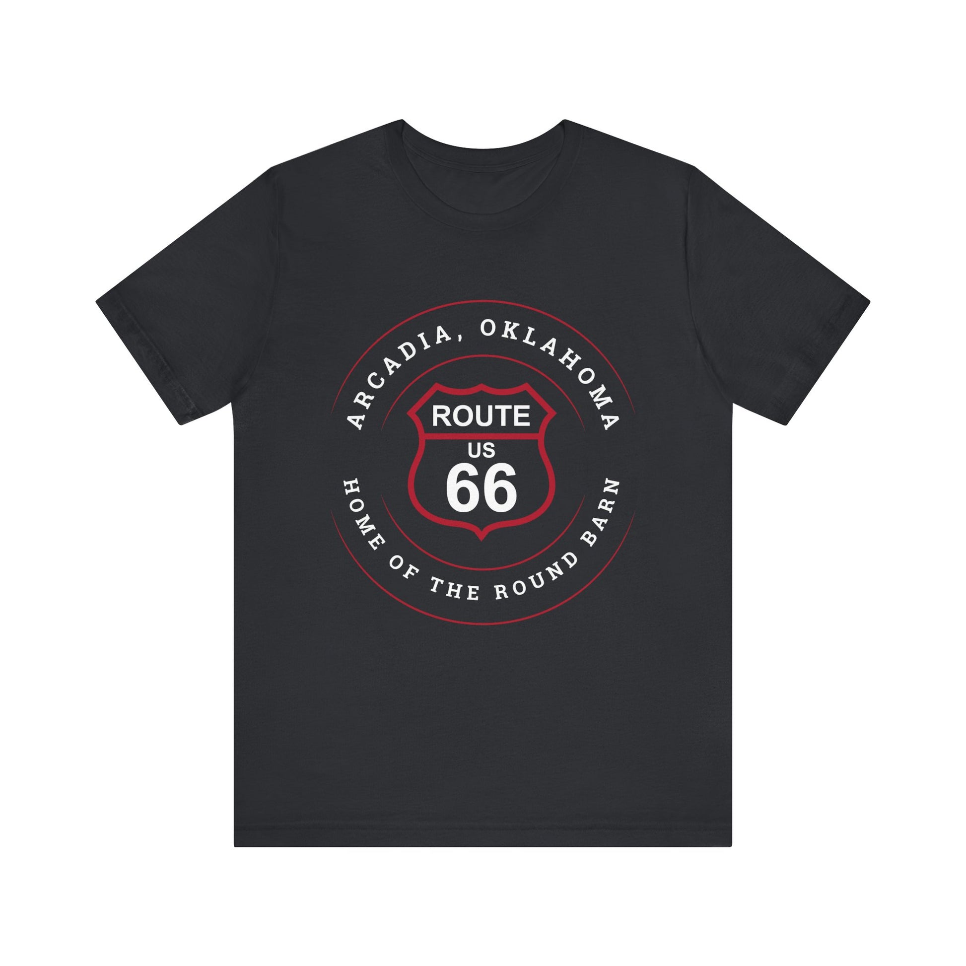 Vintage black retro Route 66 unisex jersey tee with Arcadia, OK "Home of the Round Barn" design