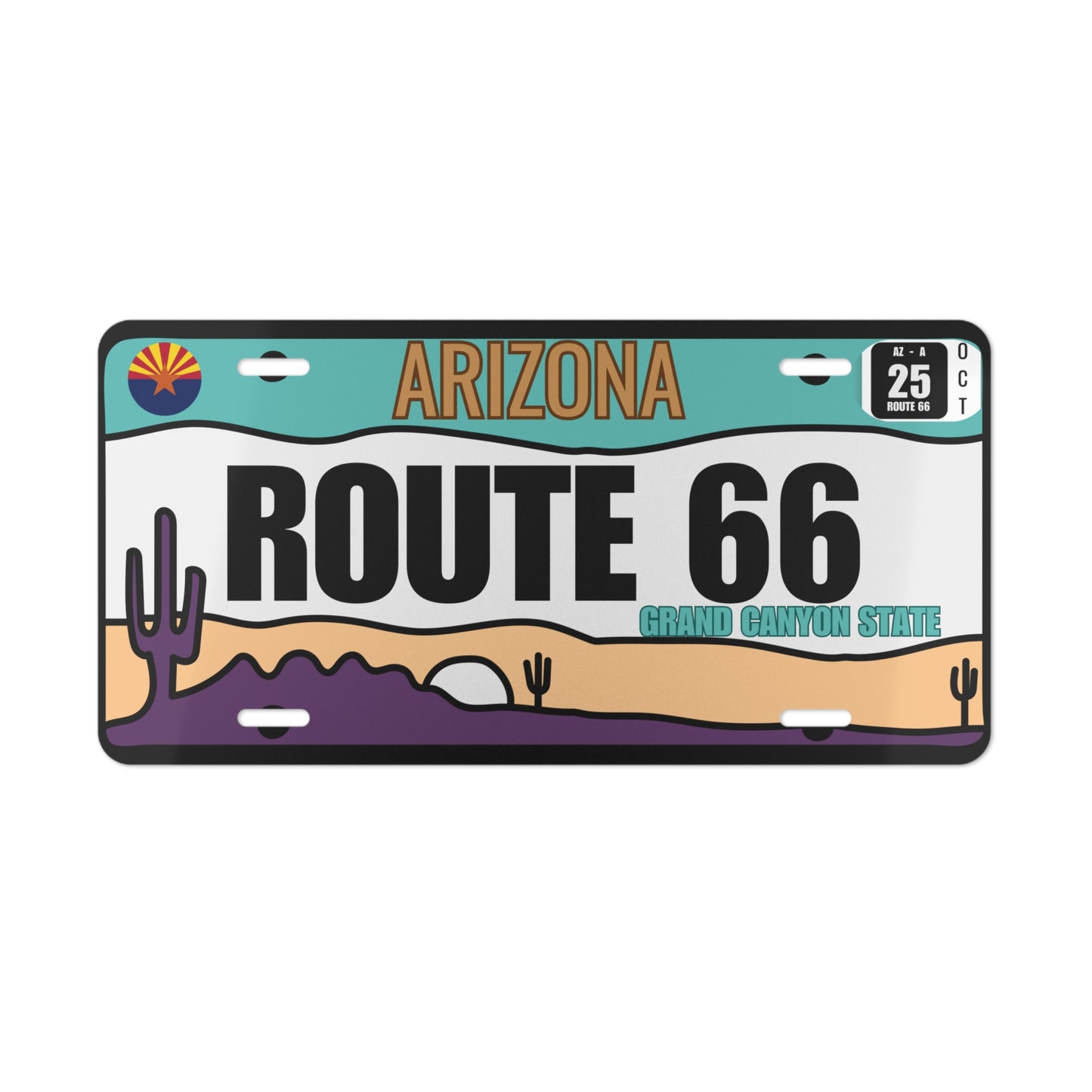 Close-up of Arizona Route 66 vanity license plate featuring saguaro cactus and desert silhouette with durable aluminum plate for collectors and wall art.