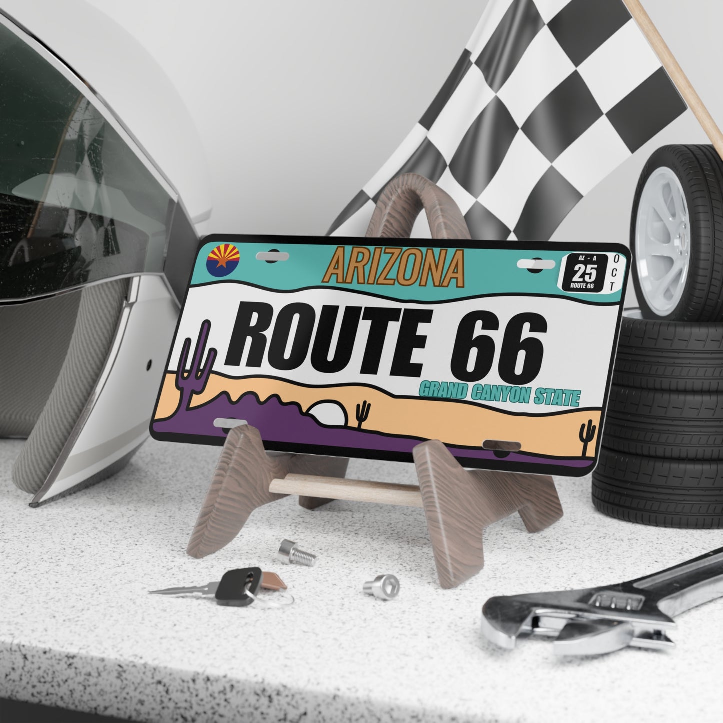 Arizona Route 66 vanity plate displayed on a wooden stand with racing checkered flag and tools: perfect for garage and car décor, proud Arizonans and Route 66 collectors